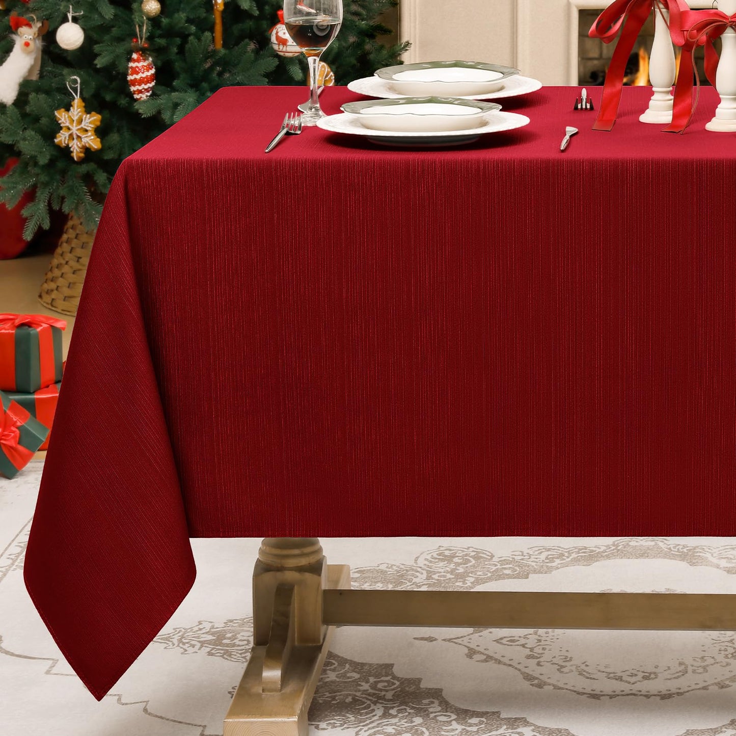 Softalker Jacquard Christmas Tablecloth Rectangle - Geometric Line Red Thick Table Cloth Waterproof & Stain Resistant Washable Table Covers for Xmas Eve/Family Dinner/Holiday Party (60 x 84 inch)