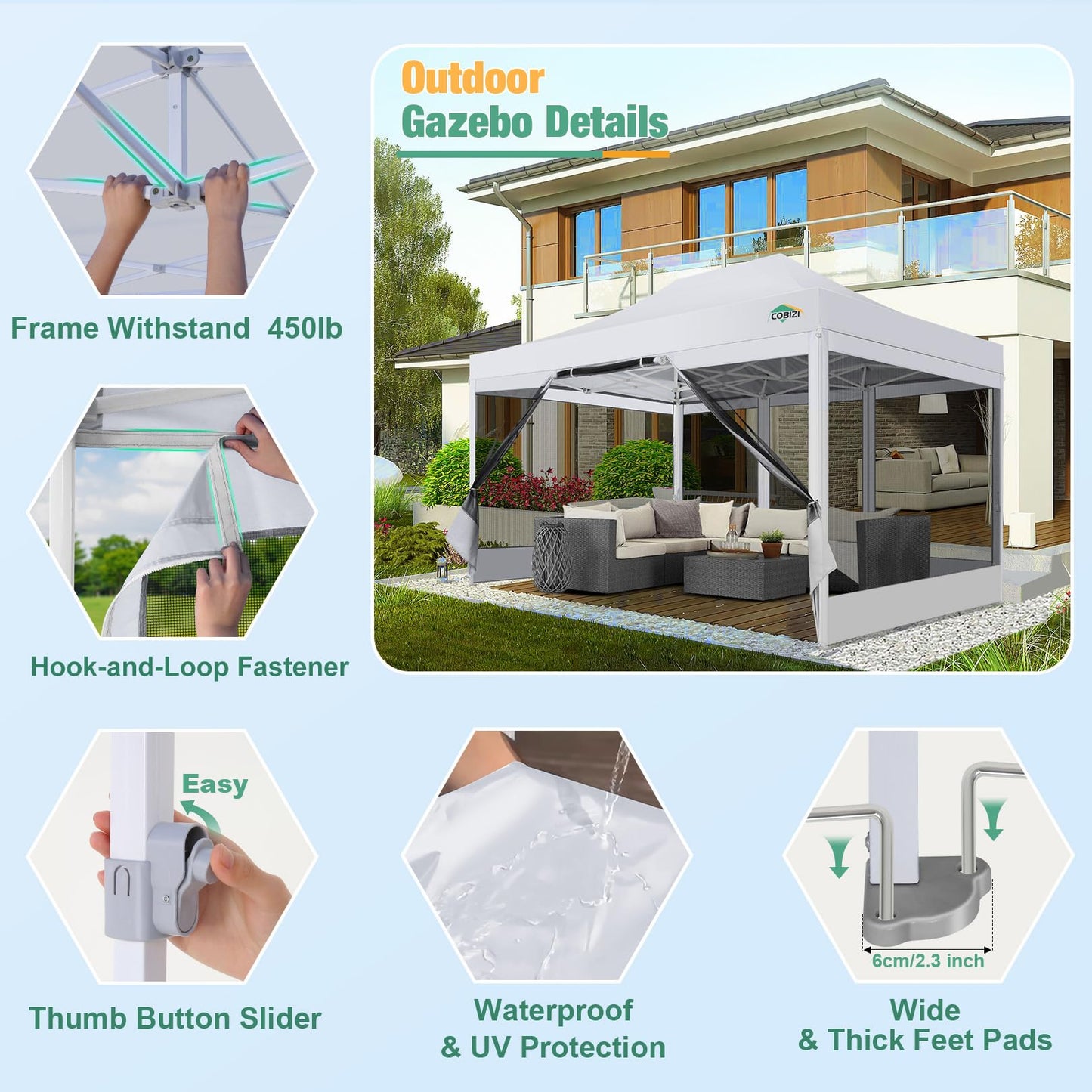 COBIZI 10x15 Canopy Tent, Heavy Duty Pop up Canopy with Sidewalls, Waterproof Easy Setup Tent with Mosquito Netting, Outdoor Instant Screen Tents for Parties, Wedding, Backyard with Carry Bag, White