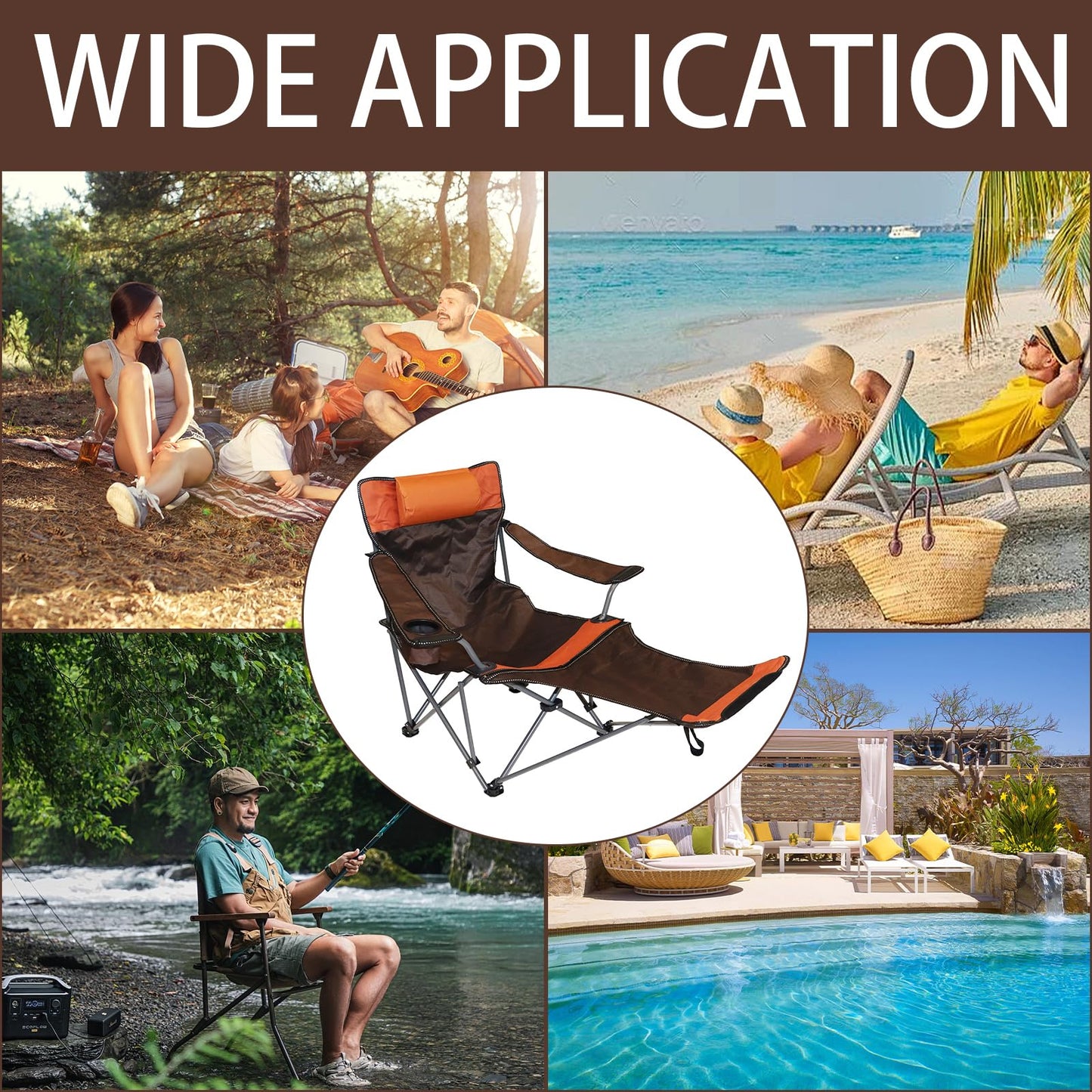 MCCKLE Camping Lounge Chair with Headrest Footrest and Storage Bag, Portable Folding Reclining Camping Chair with Foot Rest for Adults Outdoor Camping Beach Hiking Fishing (Orange Brown)