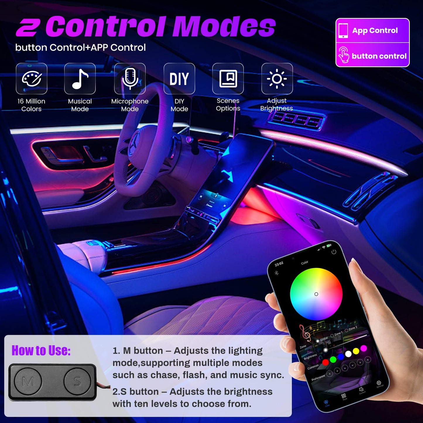 Acrylic Interior Car LED Strip Lights,dreamcolor 6-in-1 Car Ambient Lighting Kit, with APP Control, 622 LED Fiber Optic Strip Lights for Cars,Supports Neon Sync with Music DIY Mode.