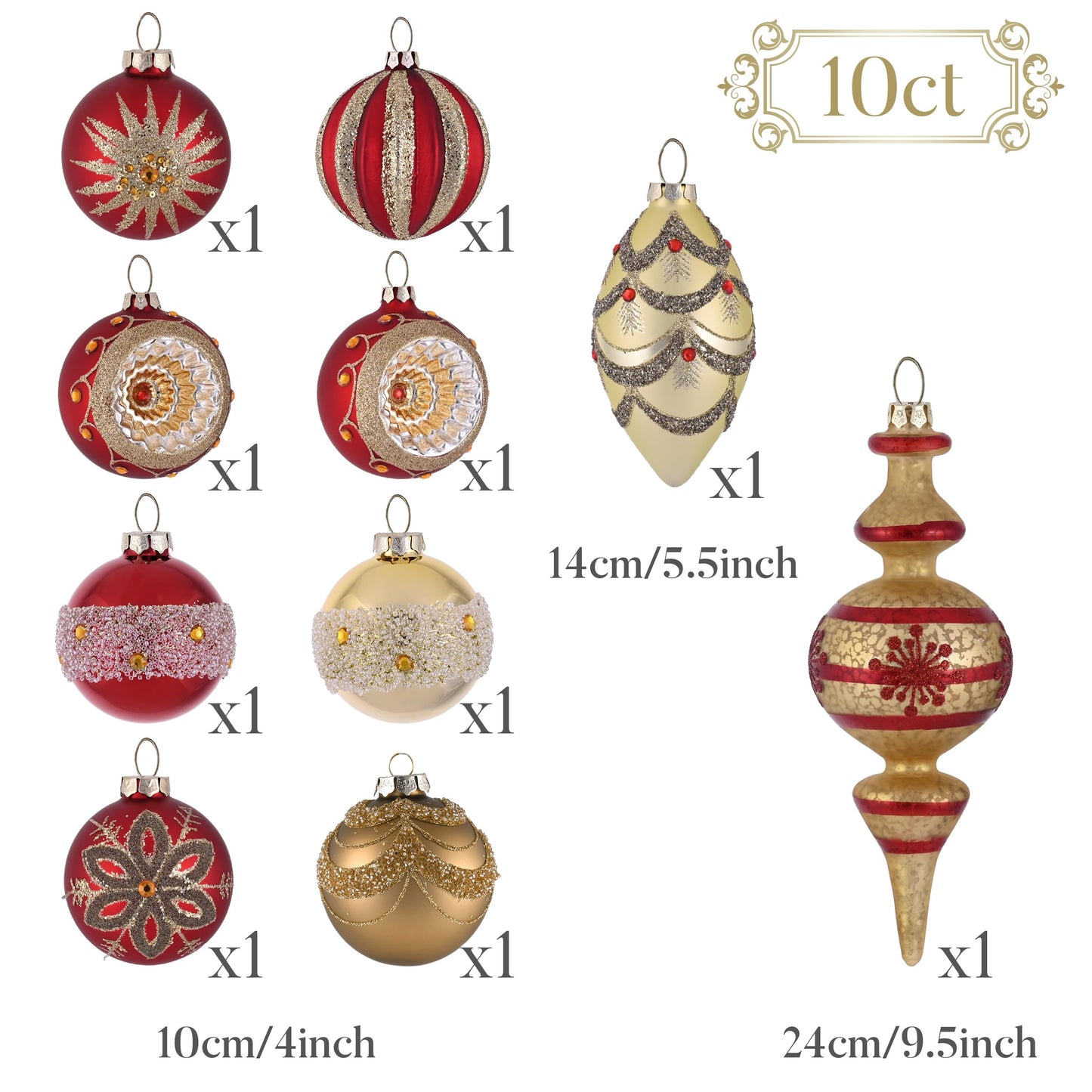 Valery Madelyn Glass Christmas Ornaments Set, 10ct Red Gold Mercury Blown Large Glass Christmas Tree Ball Decorations, Luxury Hanging Teardrop Finial Faceted Reflector Decor