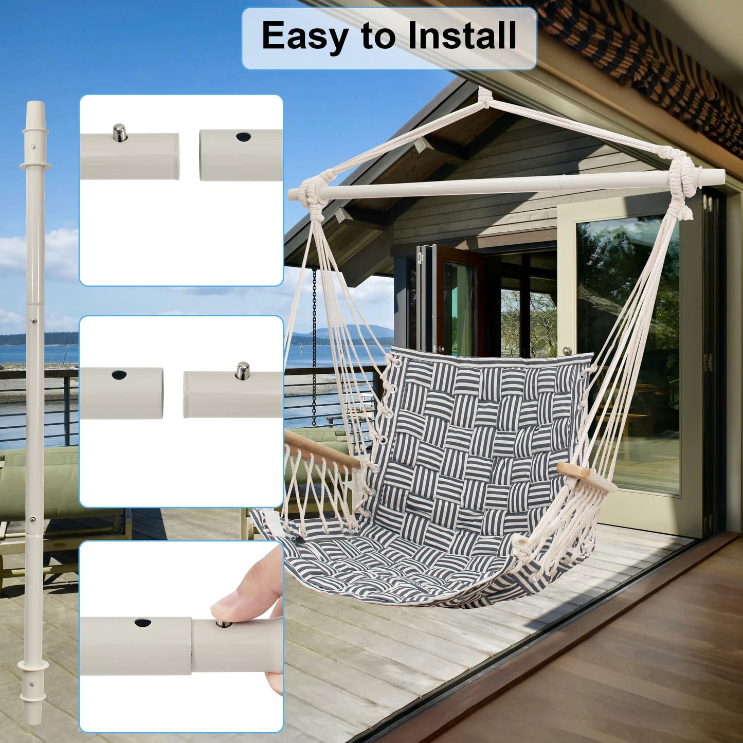 [Upgraded] Hammock Chair Hanging Swing with Wooden Armrests;Steel Spreader Bar and Anti-Slip Rings;Cotton Woven Fabric;Up to 300 Lbs for Bedroom,Patio,Porch,Deck-Indoor Midnight Blue Stripe