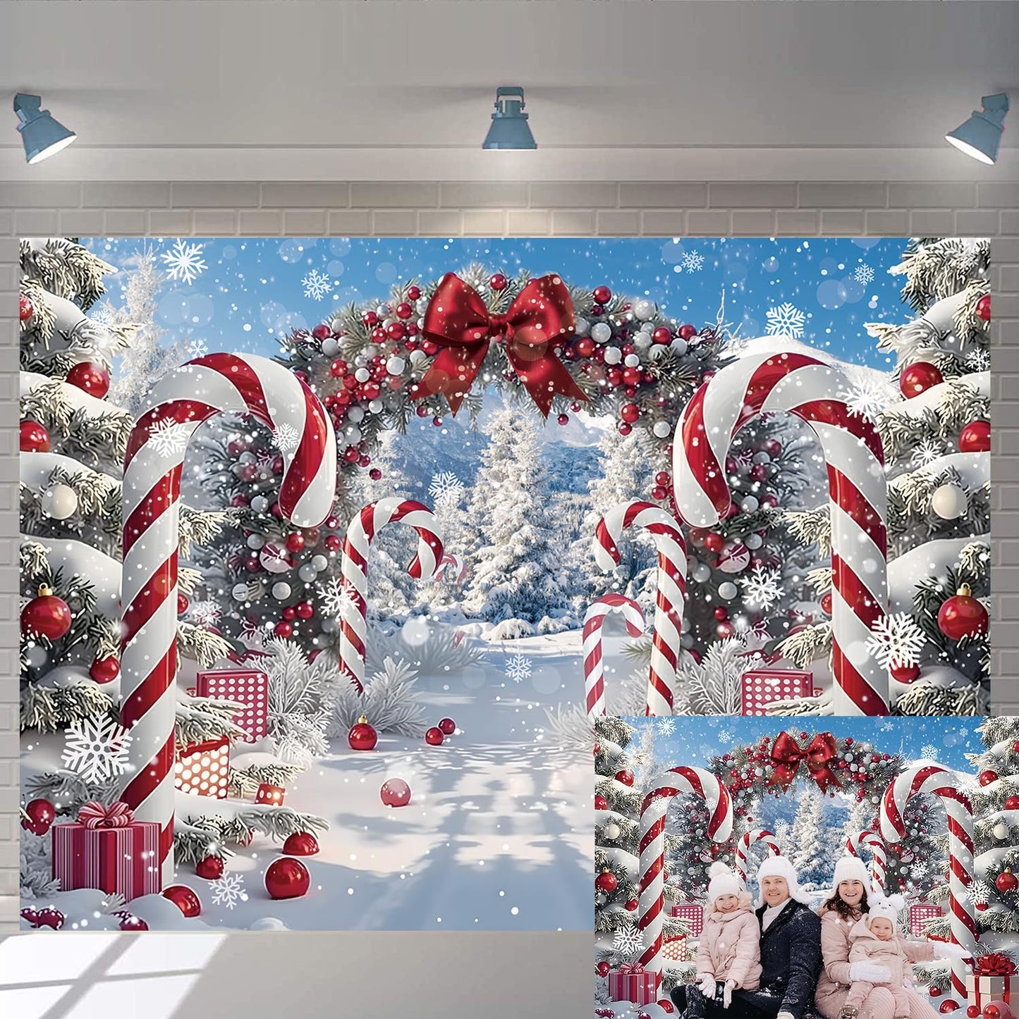 Merry Christmas Candy Cane Backdrop for Photography Winter Snow Scenery Christmas Tree Photo Background Xmas Holiday New Year Eve Family Party Decoration Banner Supplies (82x59 inch (7x5FT))