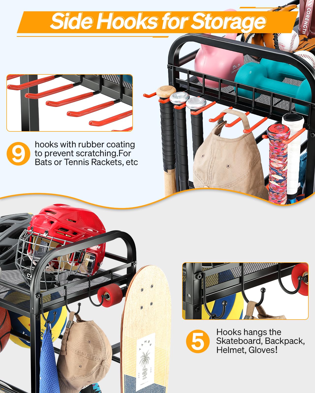 EXTCCT Ball Storage Sports Equipment Organizer - Garage Storage Cart Rolling Ball Storage Rack with Hooks Wheels Outdoor Indoor Gym Gear Toy Holder Bin for Basketball, Baseball, Soccer