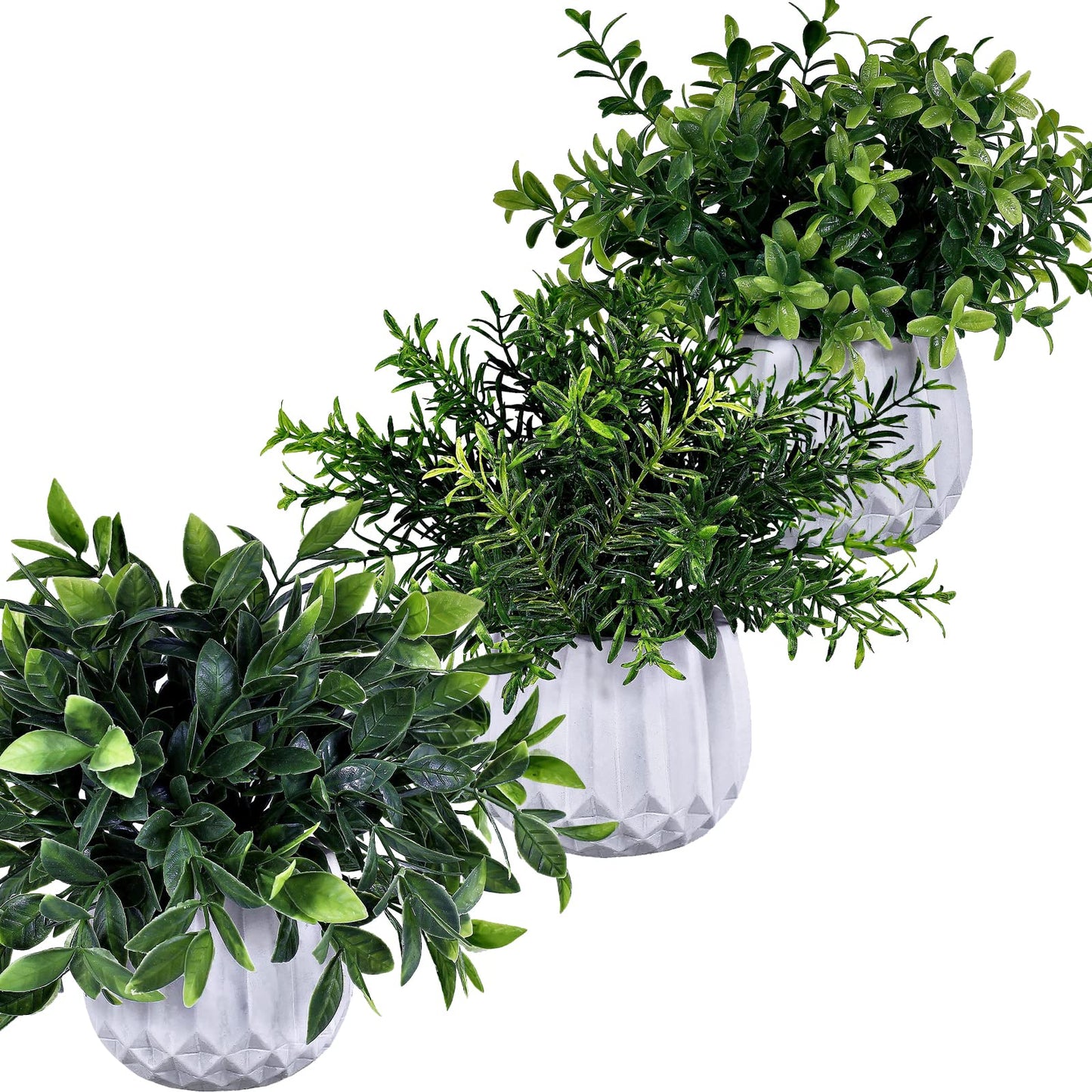 Winlyn 3 Pcs Faux Potted Plants Set - Artificial Eucalyptus, Rosemary, Boxwood Greenery in Small White Geometric Planters for Indoor Outdoor Desk Table Centerpiece Shelf Windowsill Home Office Decor