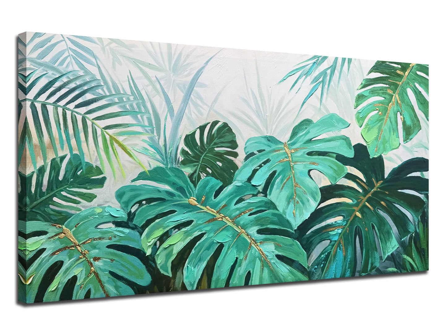 Enartly Tropical Green Leaf Canvas Wall Art Monstera Palm Leaf Painting Jungle Plant Botanical Picture Nature Artwork Print Framed for Living Room Bedroom Bathroom Office Home Decor, Large 40"x20"