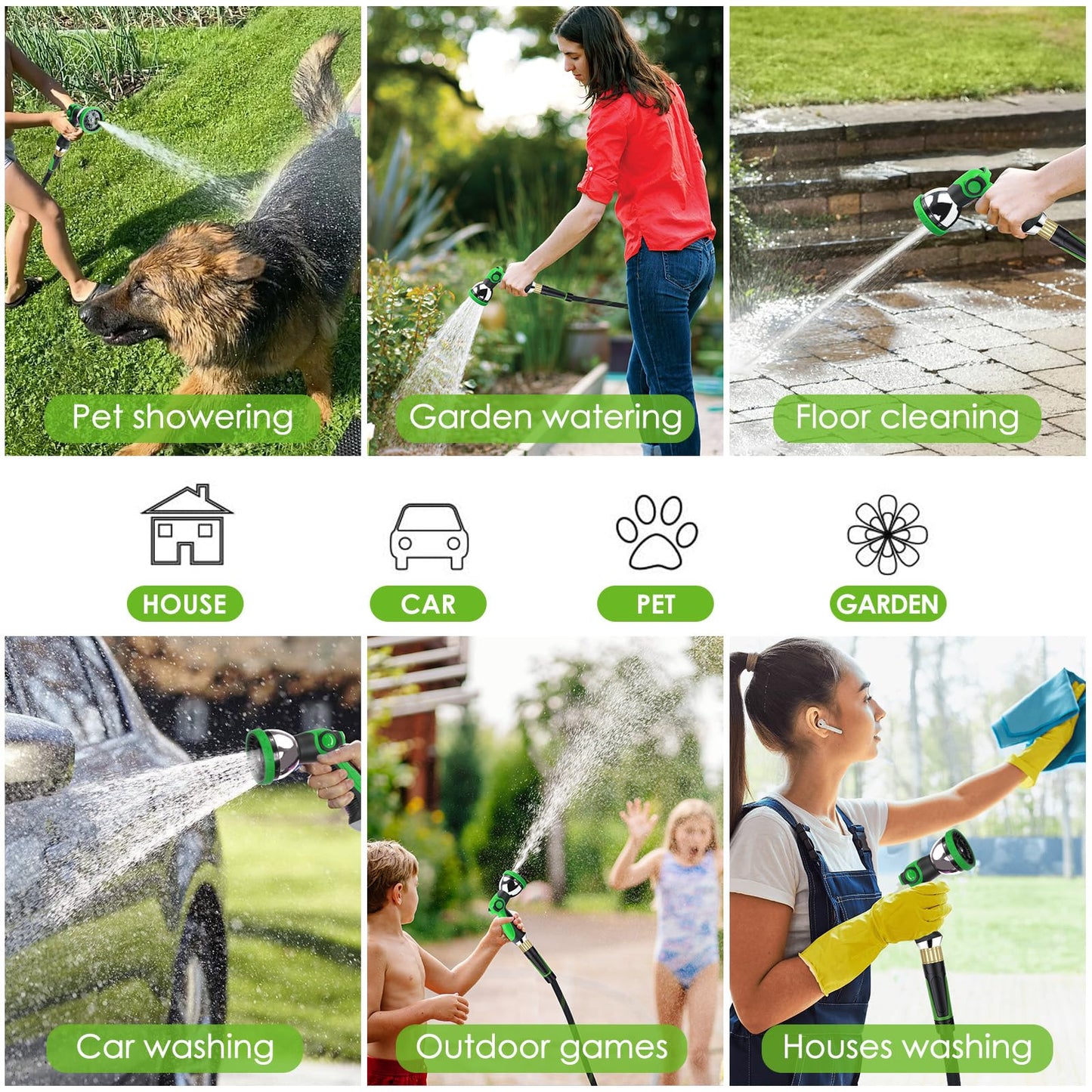HORTICORA Non-Expanding Garden Hose 100 ft, Lightweight Hose & Flexible Water Hose With 10-Pattern Spray Nozzle, Kink-Free Design, Durable Leakproof Yard Outdoor Hose, Portable Storage Strap, 100 Feet