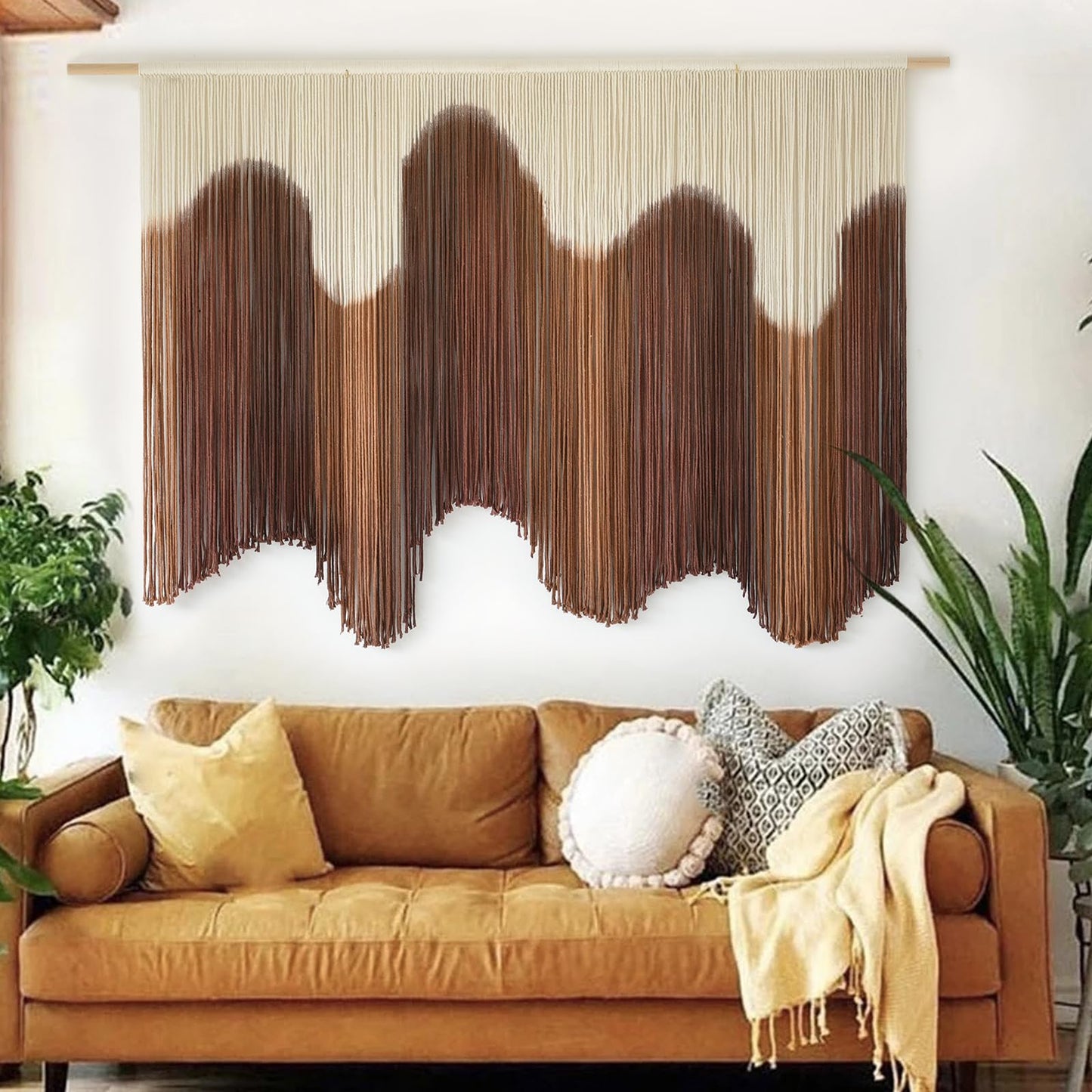 IOWER Macrame Wall Hanging Brown Dip-Dyed Large Handmade Macrame Cord Fiber Art Boho Wall Decor for Bedroom Living Room 57" W x 39" L