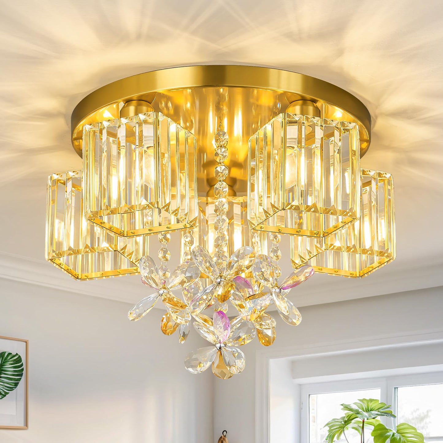 zhllmq 5 Light Gold Crystal Ceiling Light Flush Mount Ceiling Light Crystal Close to Ceiling Light Fixtures for Living Room Bedroom Kitchen Hallway
