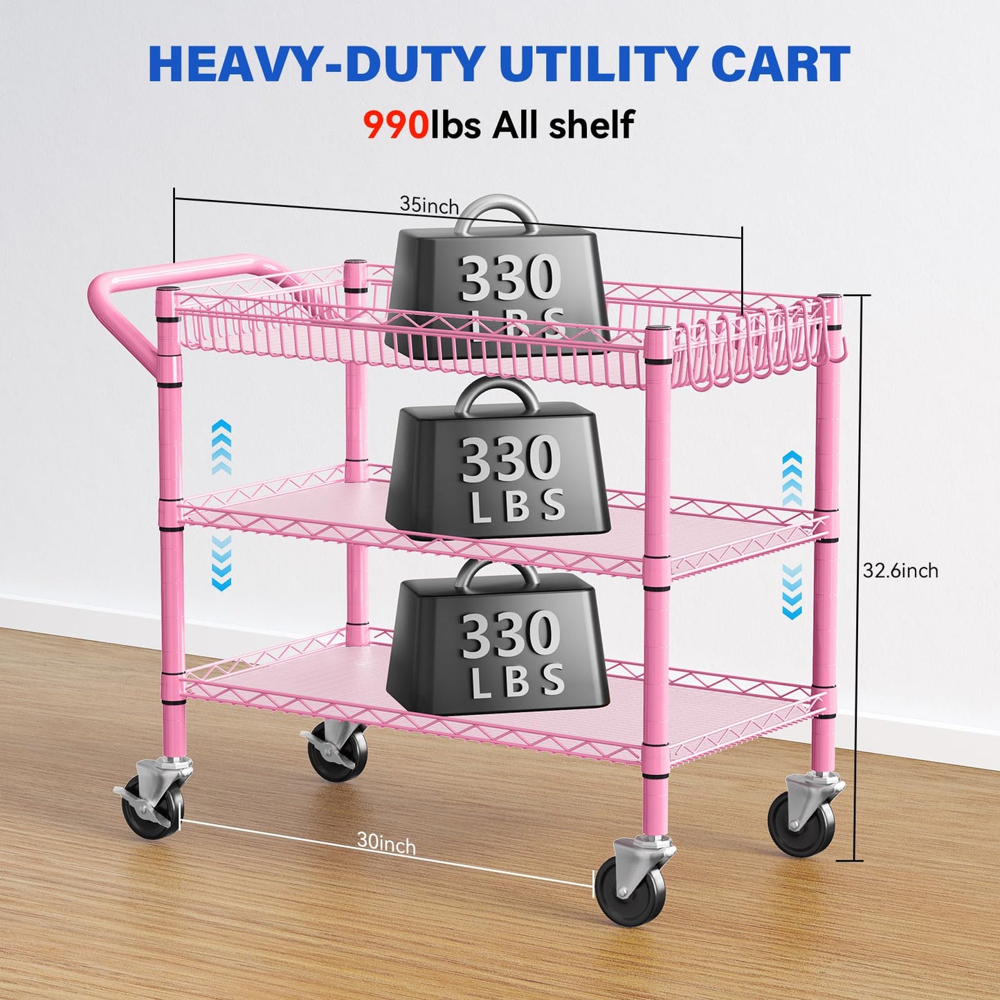 YNN Pink Rolling Cart, 990Lbs 3 Tier Heavy Duty Metal Cart with Wheels & Handle NSF Wheeled Cart 31" D x 18" W x 33" H for Bedroom, Bathroom, Kitchen,Garden,Decor,Serving