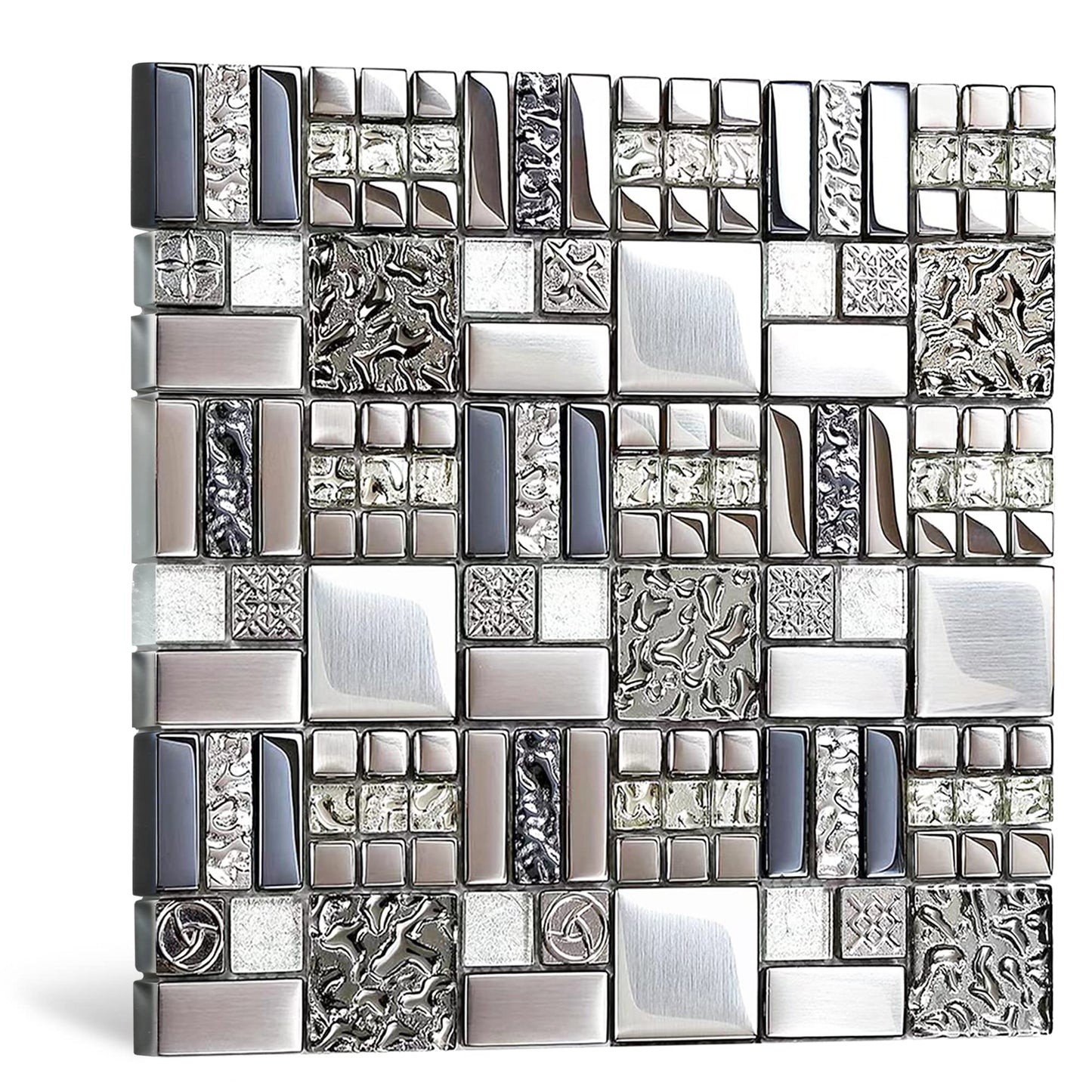 Blujellyfish Metallic Glass Mosaic Tiles Silver Gray 100% Glass Tile Water Resistant for Kitchen Backsplash Bathroom Shower Accent Wall Decor TSTGT151 (5 Square Feet)