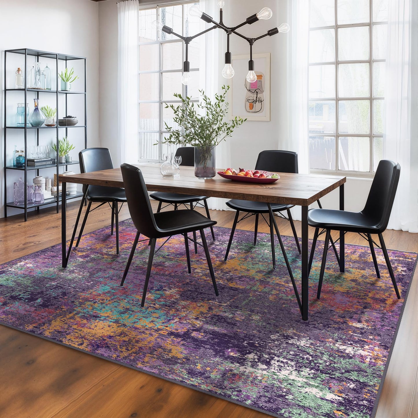 RELEANY Washable Area Rugs 5'x7' Non-Slip Modern Abstract Soft for Living Room Entryway Bedroom Nursery, Print Pattern, Purple Orange Blue Green Rust Red Colorful