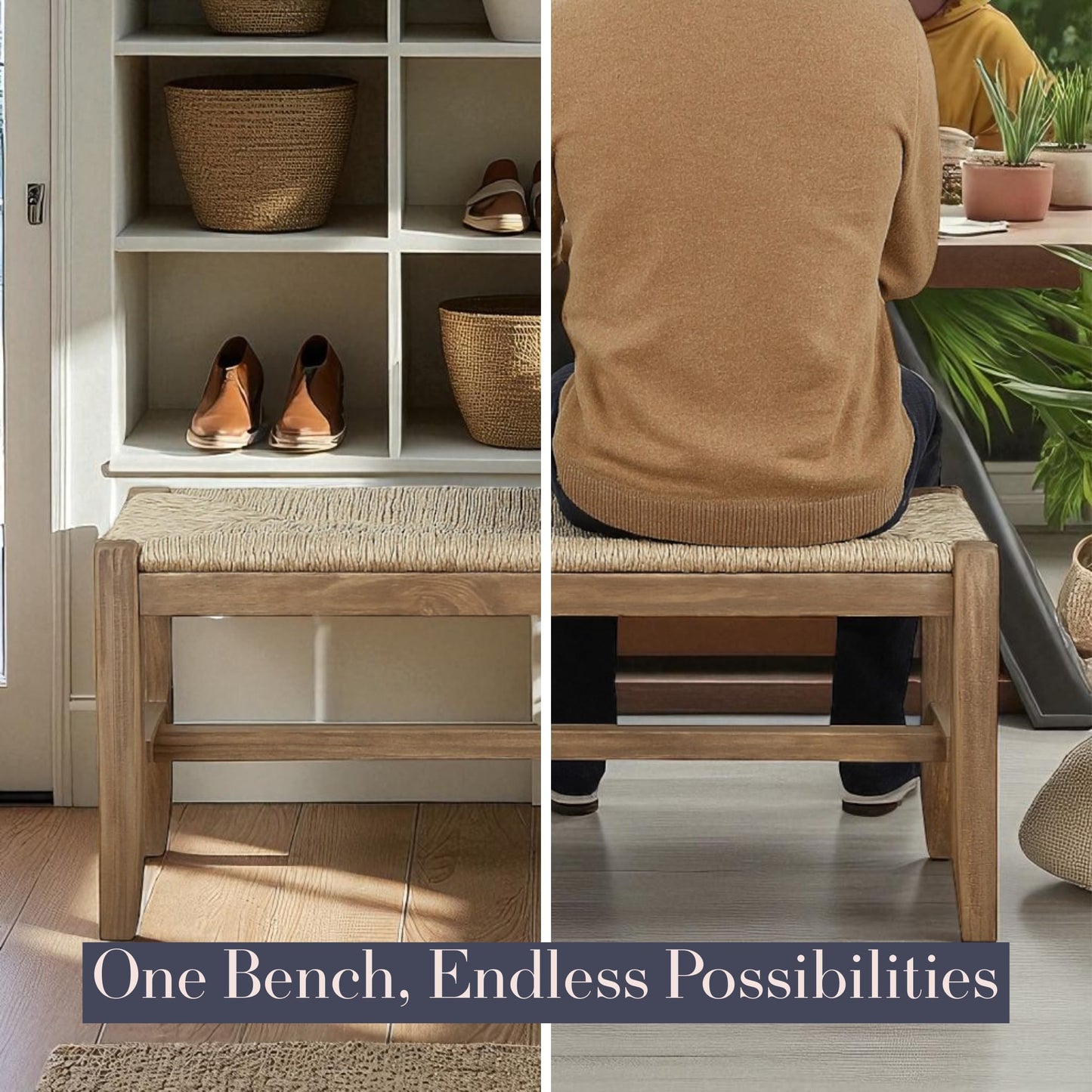 Alaterre Furniture Newport 40 Inch Solid Wood Entryway Bench - Modern Farmhouse Indoor Decorative Bench with Natural Seagrass Rush Seat - Furniture for Entryway, Dining Room, or Kitchen (Natural)