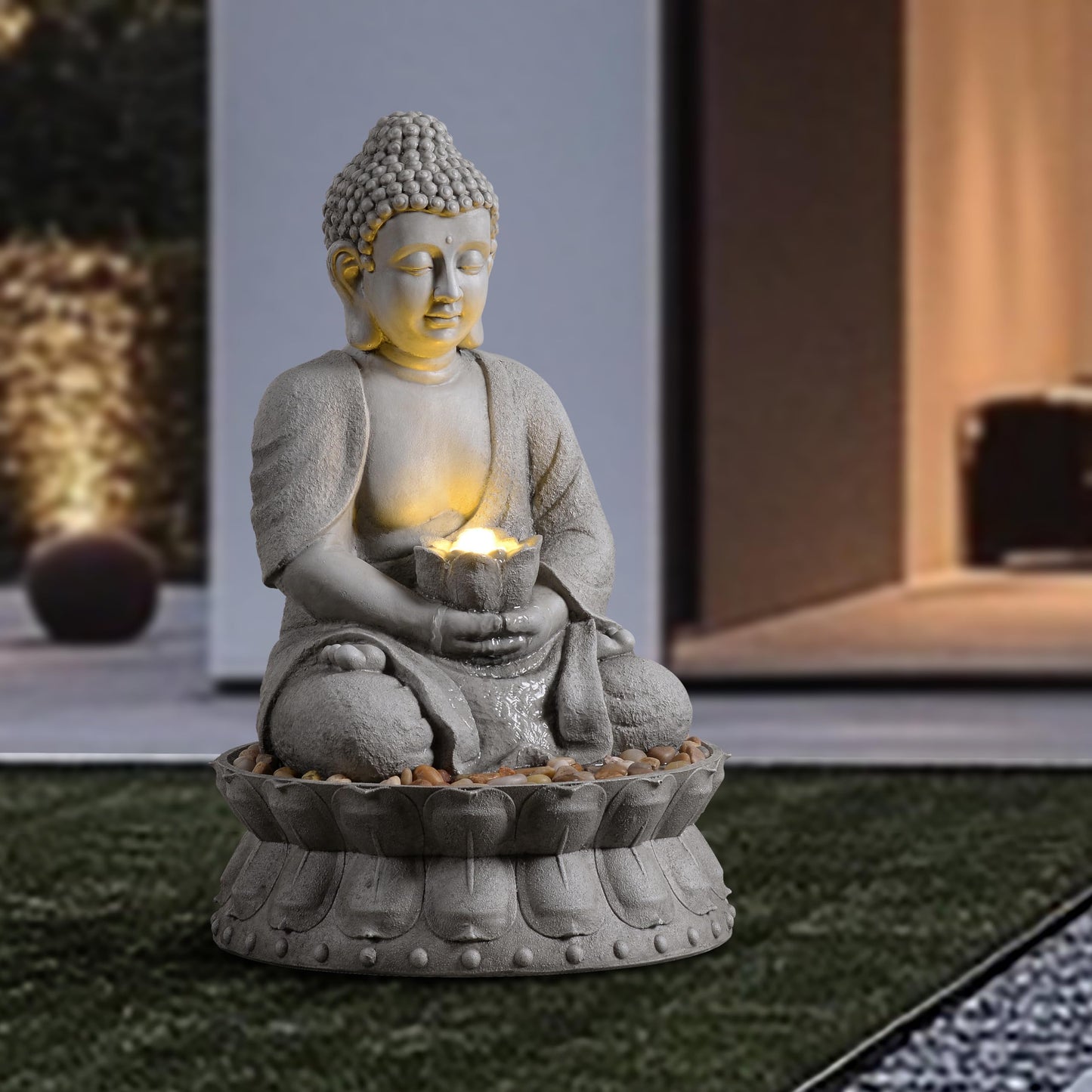 Mseonwxi Buddha Water Fountain Outdoor, Zen Fountain with LED Light for Garden, Home Decor, Relaxing Buddha Statue with Lotus Base, for Women