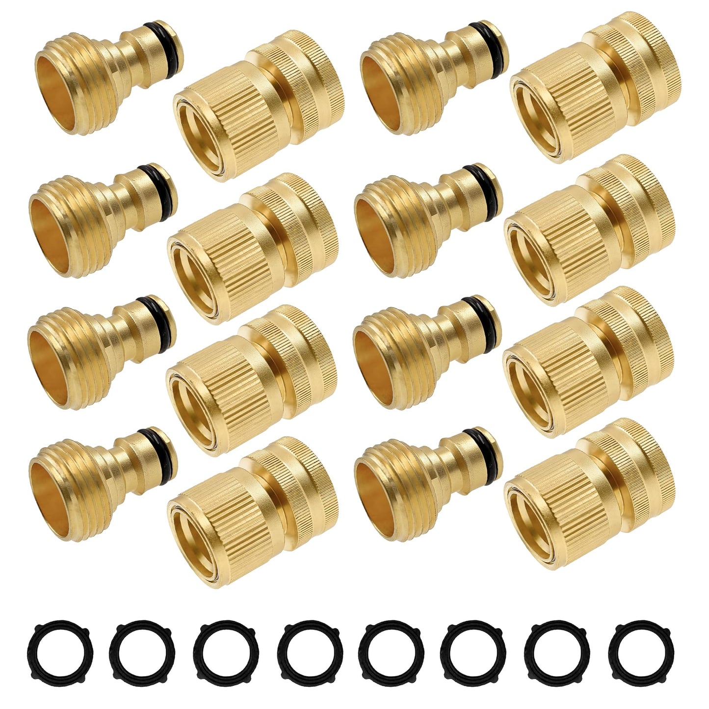 Hourleey Garden Hose Quick Connector, Solid Brass 3/4 Inch GHT Thread Garden Quick Connect Kit, Male and Female No-Leak Water Hose Fittings (8 Set)