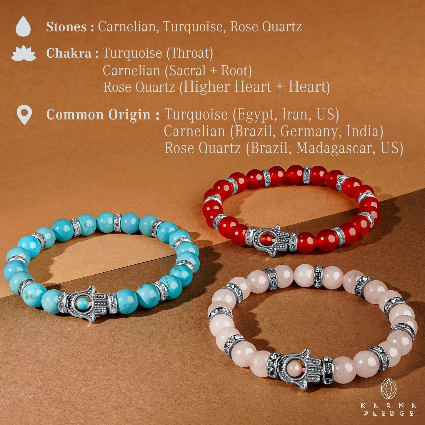 Healing Crystal Bracelet, Chakra Bracelets for Women & Men, Bracelet for Meditation, Positive Energy & Balance, Handmade Bracelets Crystal by Karma Pledge (Turquoise, Carnelian and Rose Quartz)
