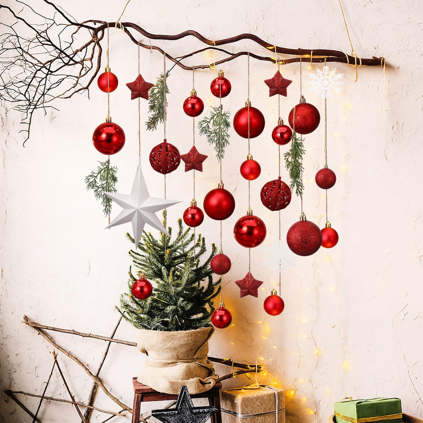 Halloscume Christmas Wall Hanging Decor with Light Wooden Branch Christmas Door Hanging Decorations Xmas Wall Art with Artificial Plants Red Ornament for Winter Holiday Kitchen Dining Room Decor
