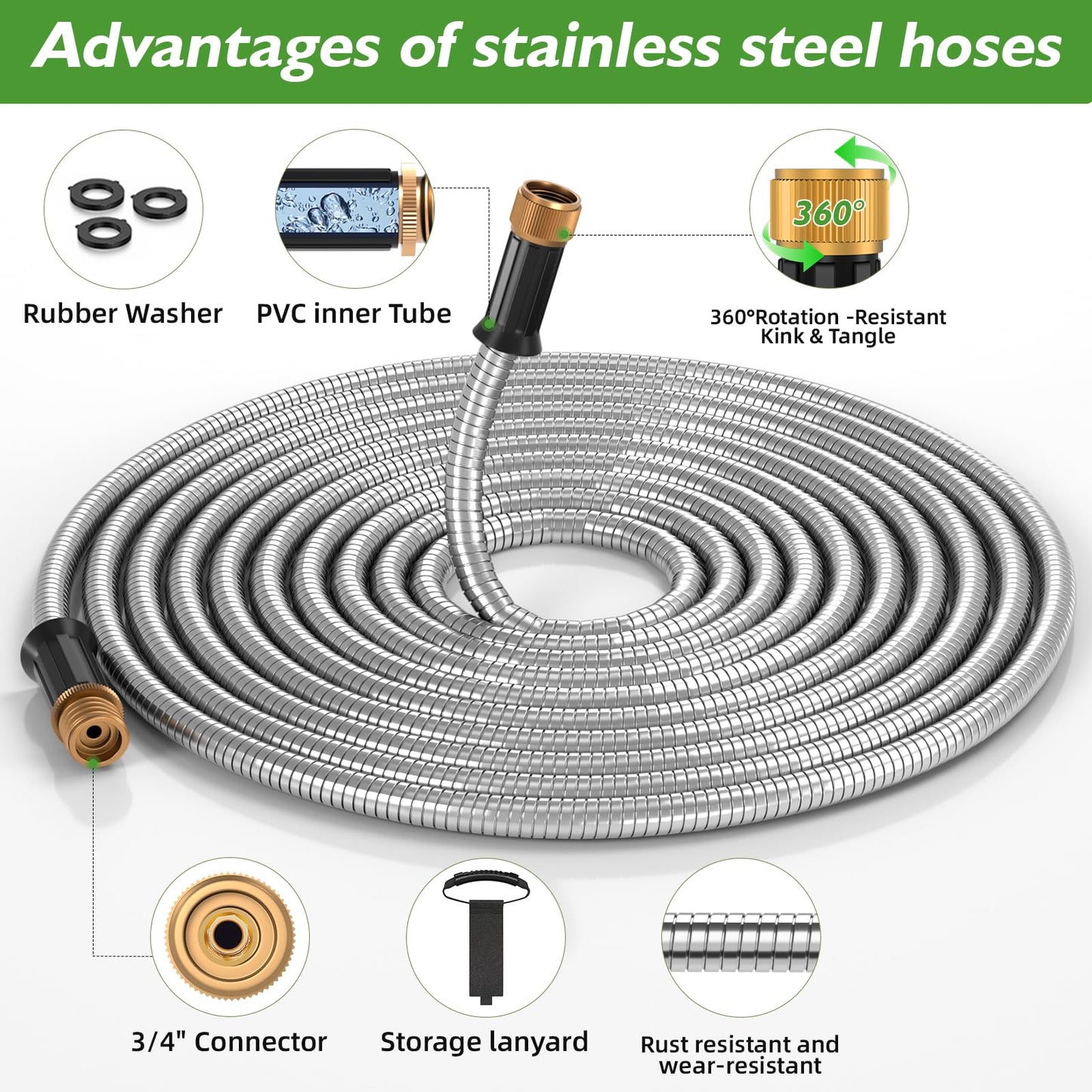 GARDENWORK Water Hose 50 FT,Stainless Steel Garden Hose with 10 Function Nozzle Flexible,Metal Garden Hoses with Leak-Proof Connectors,Flexible Hose,Waterhose for Outside