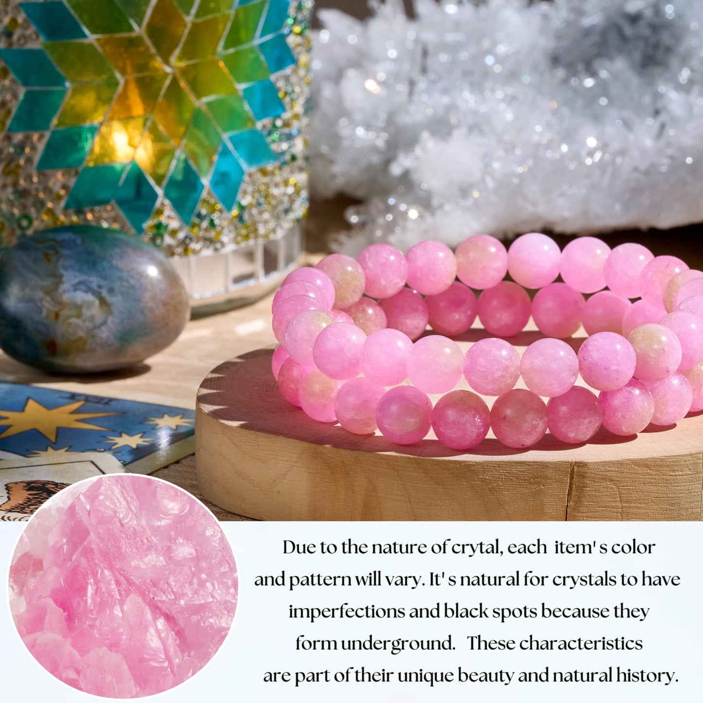 Bivei Natural Gemstone Semi Precious Healing Crystals Handmade Stretchy Round Beads Bracelet, Enhance Positive Energy,Stocking Stuffers for Women(Pink Jade (Warmth Love)(Large))