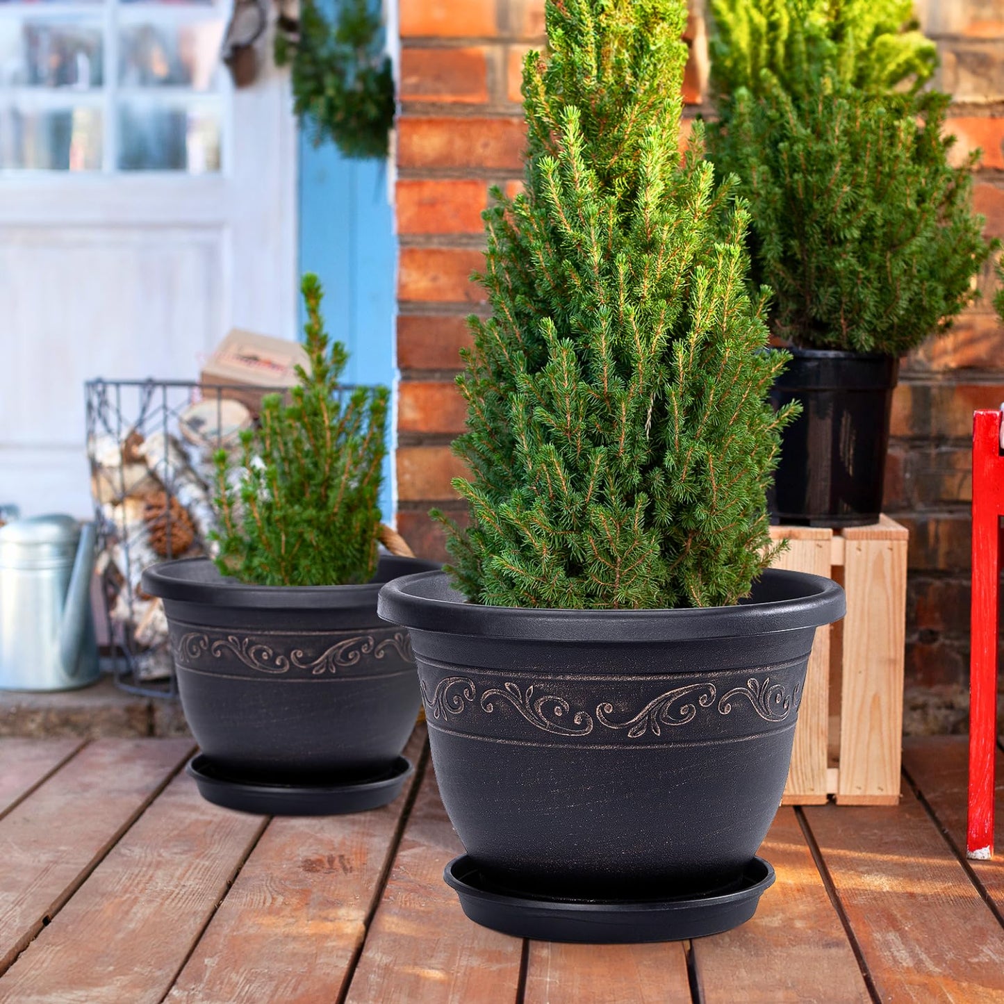 QCQHDU 10 inch Retro Plant Pots, 3 Pack Plastic Planters for Indoor & Outdoor Plants Flower Pot with Drainage Hole and Saucer