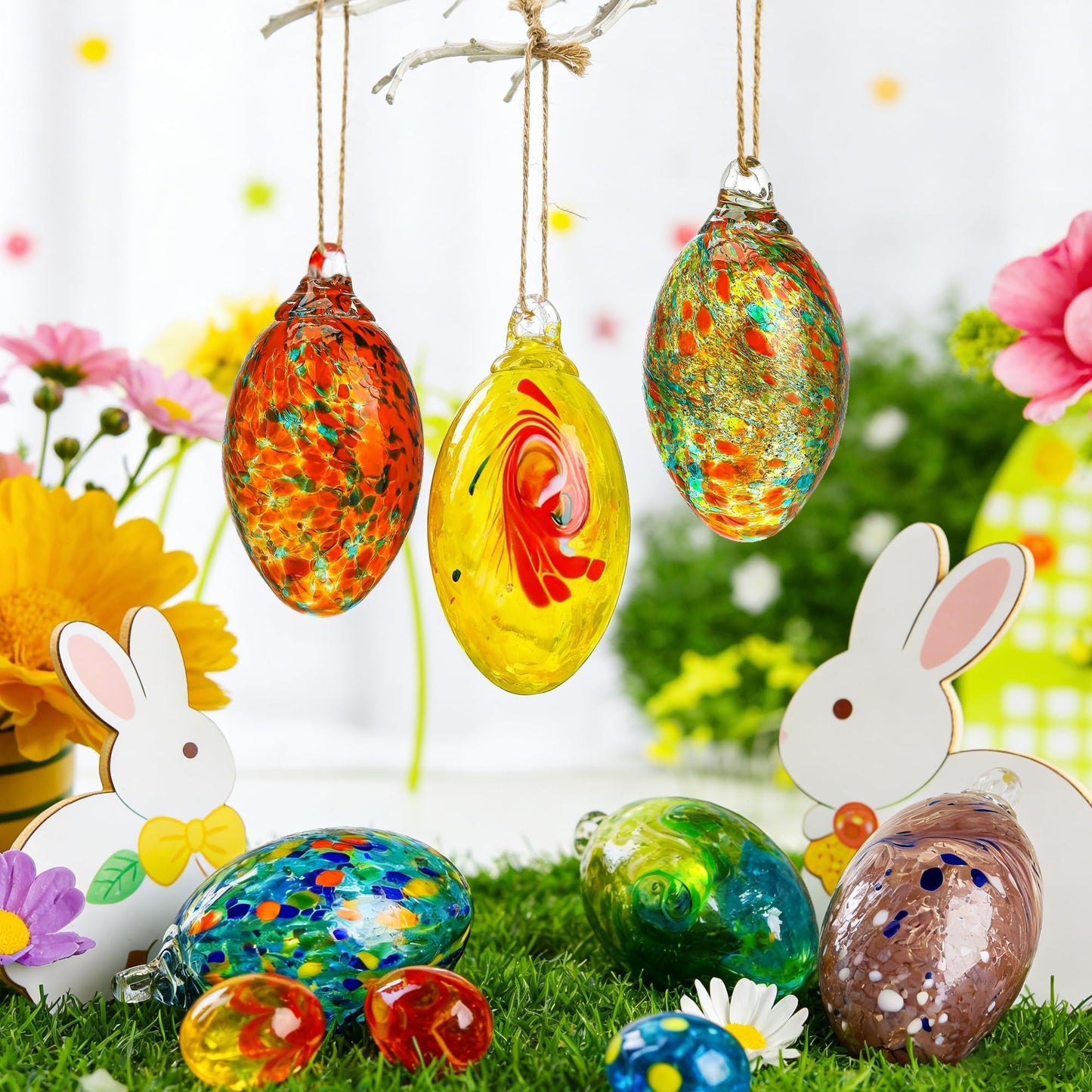 6PCS Blown Glass Balls Ornaments 3.9'' Hanging Crystal Decorative Eggs for DIY Centerpiece Party Favor Gift Spring Home Wedding Table Decor