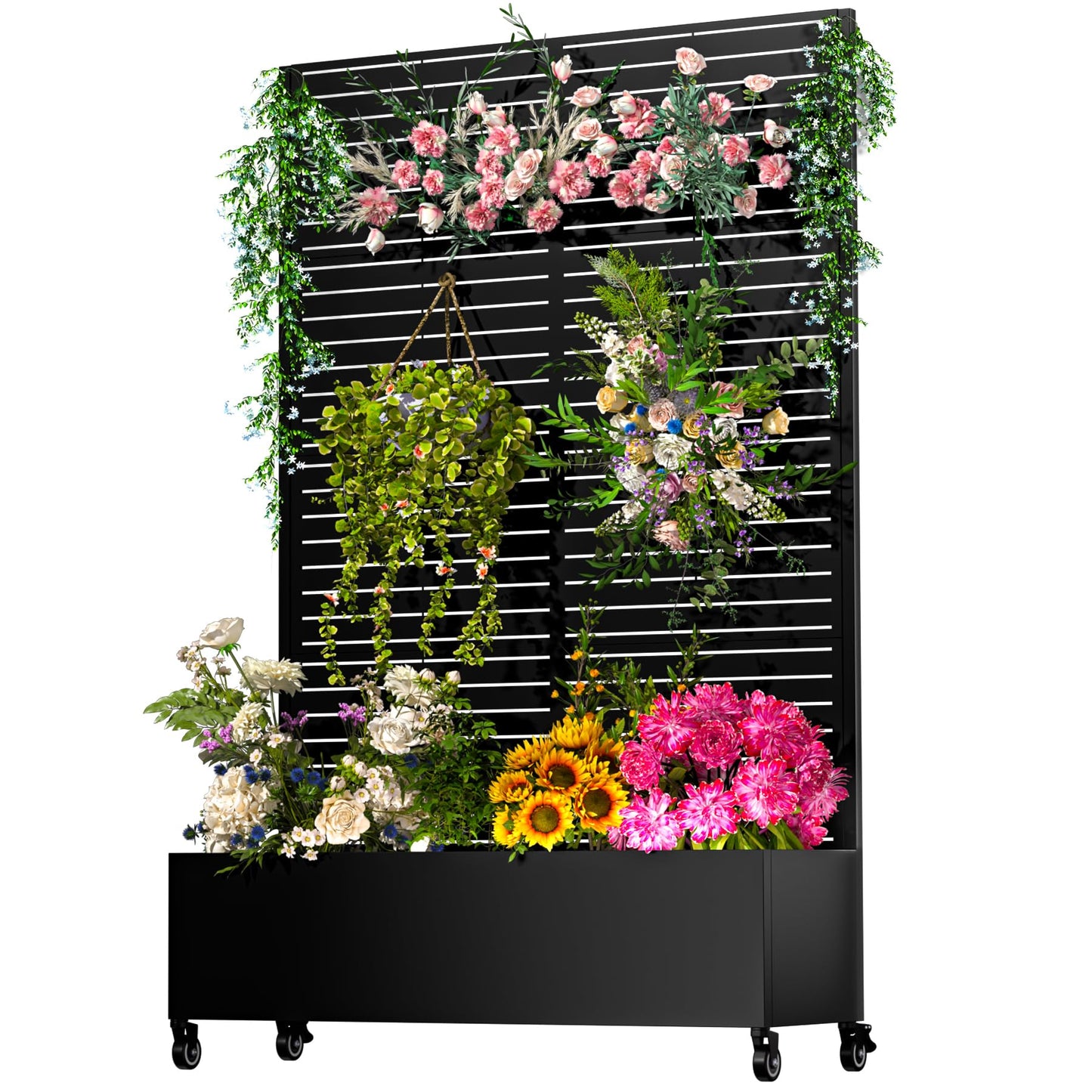 GTSABWAY Metal Planter Box with Trellis,72"x47"x16"Galvanized Steel Outdoor Raised Garden Bed with Privacy Screen,with Drainage Holes & Lockable Casters for Climbing Plants,Vegetables,and Vines(BYC)