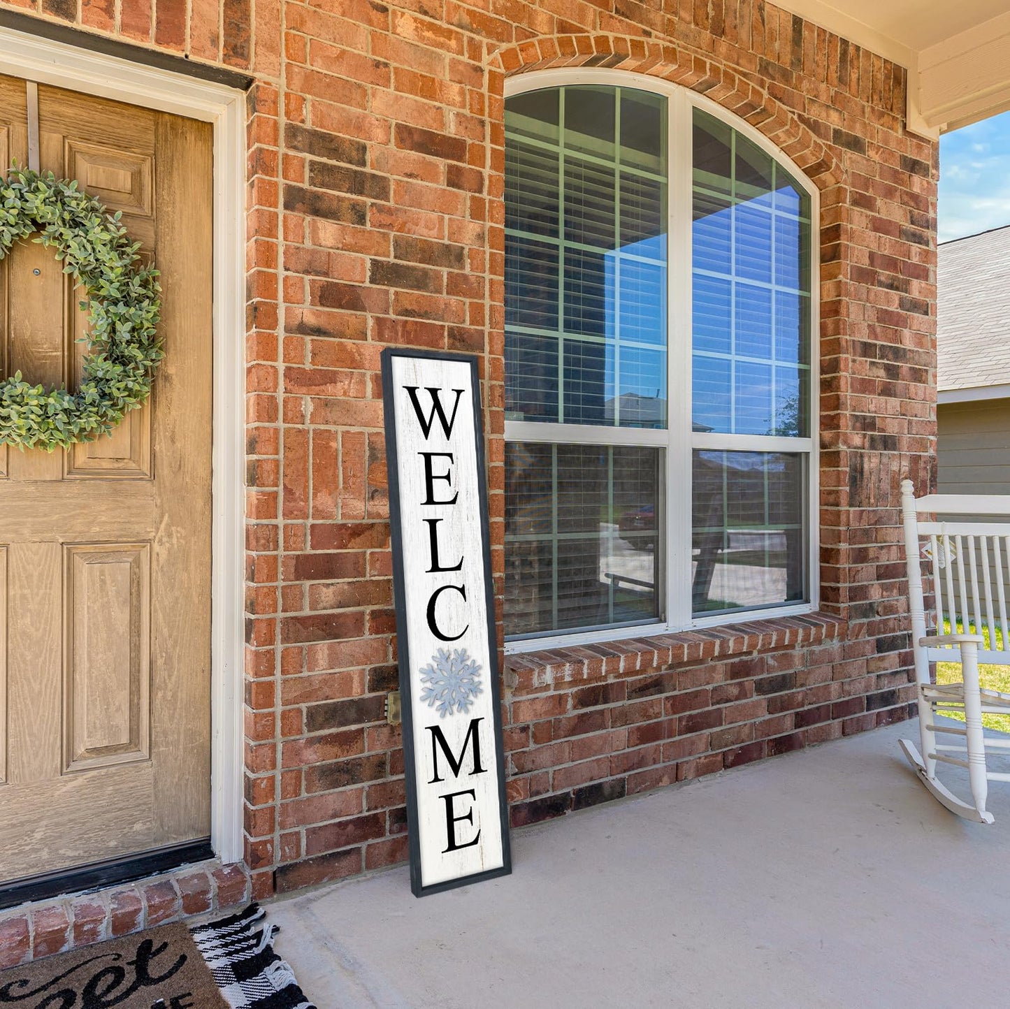 Aurapeak Interchangeable Welcome Sign for Front Porch Door, Outdoor Leaner Home Wooden Frame With 12 Pcs Replaceable Icons Outside Standing Seasonal Welcome Holiday Decorations (45"X9" Black)