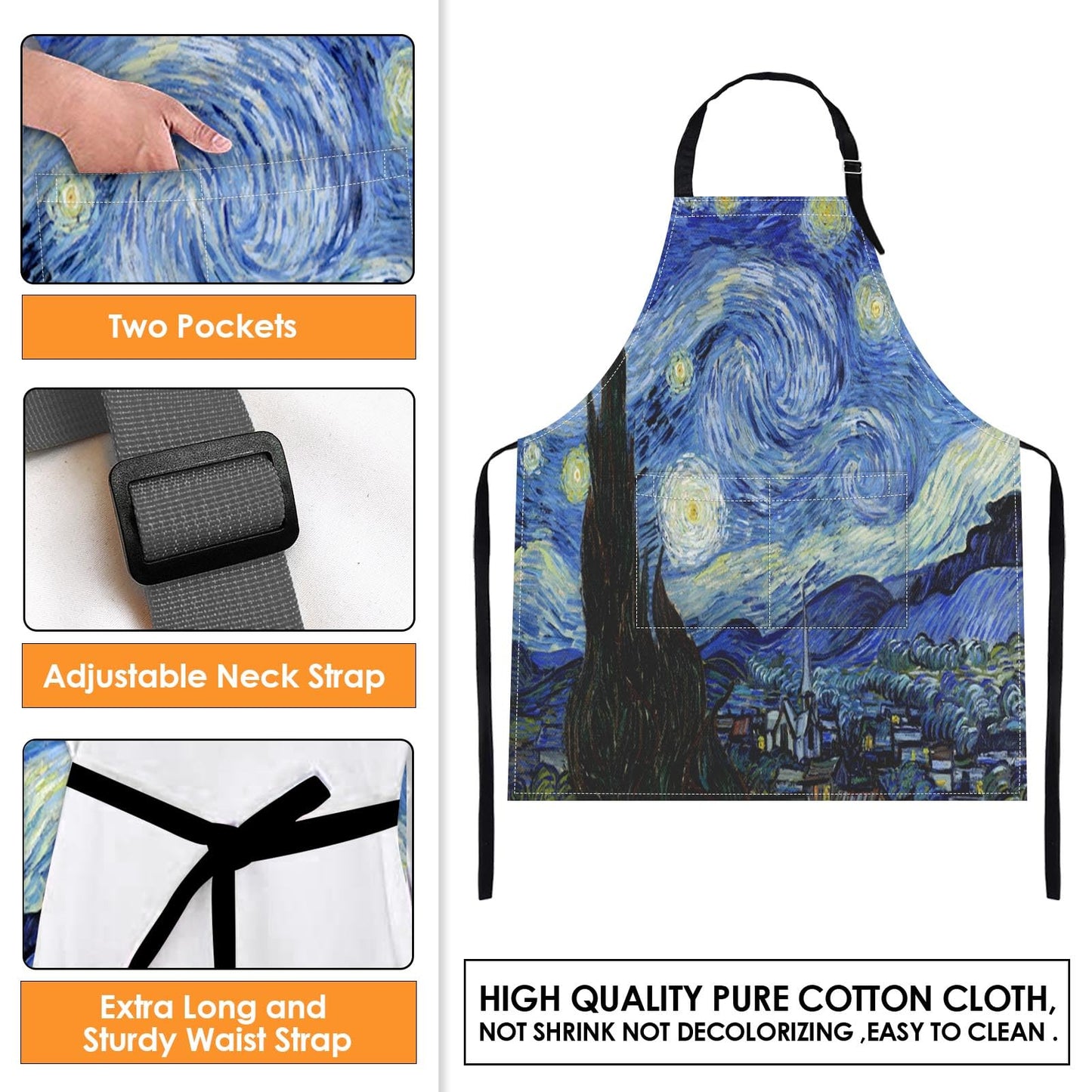 Britimes Apron Home Kitchen Cooking Baking Gardening for Women Men With Pockets Starry Night Oil Painting 32x28 inch