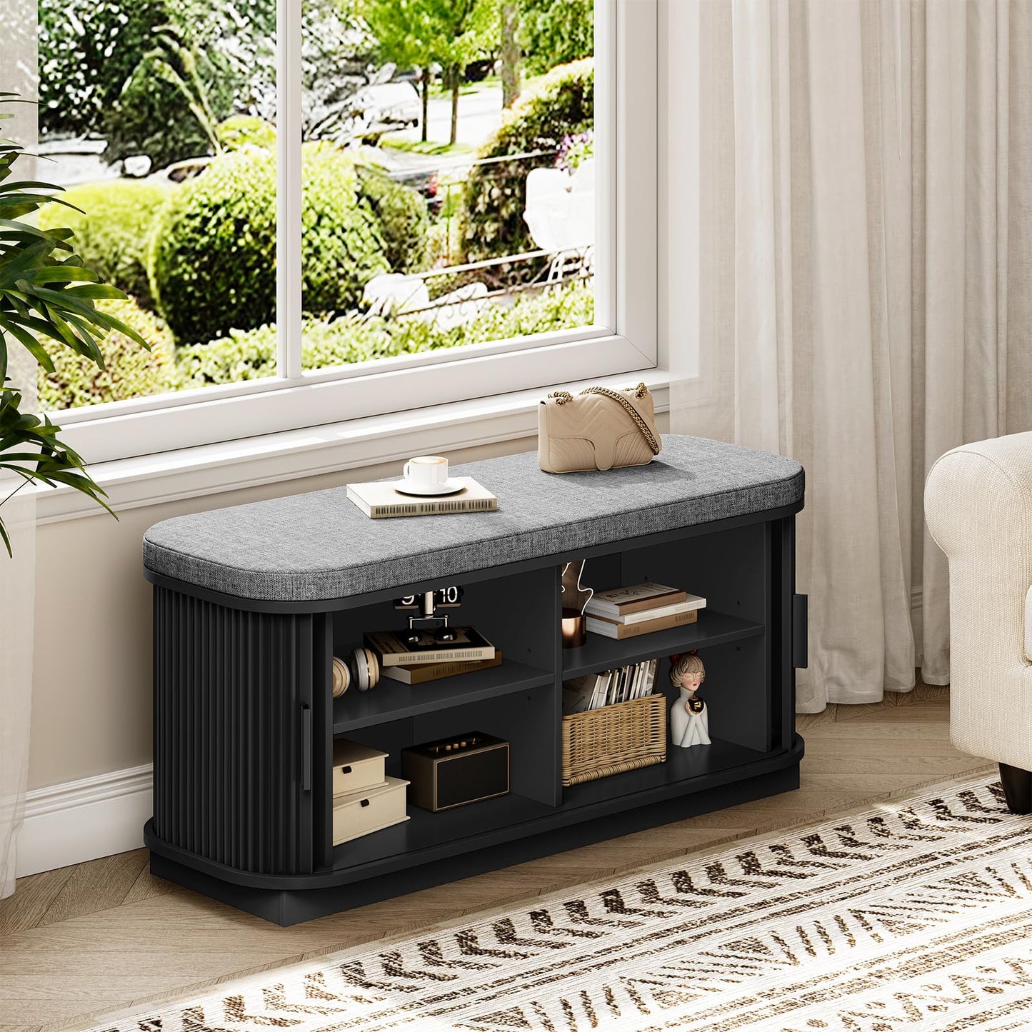 CHOEZON Shoe Storage Bench, Entryway Bench with Storage, Shoe Bench with Cushion and Sliding Door, Fluted Storage Bench, Entry Bench for Entryway, Hallway, Living Room, Bedroom, Black and Gray MHX02BB