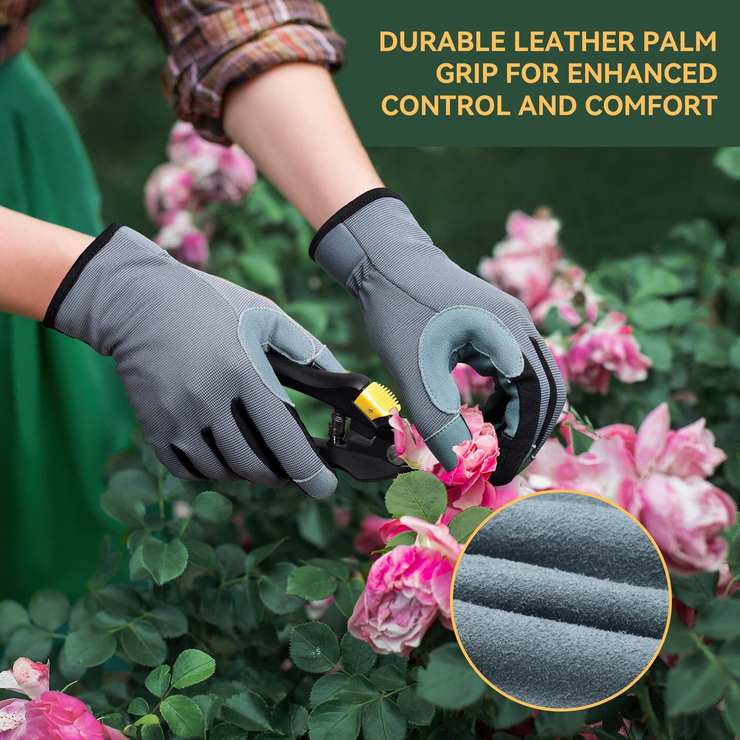 OZERO Leather Work Gloves for Women, Deerskin Garden Gloves, Touchscreen Thumb & Index, EN388 3133X Palm, Breathable Back for Gardening, Yard Work, Driving (Large)