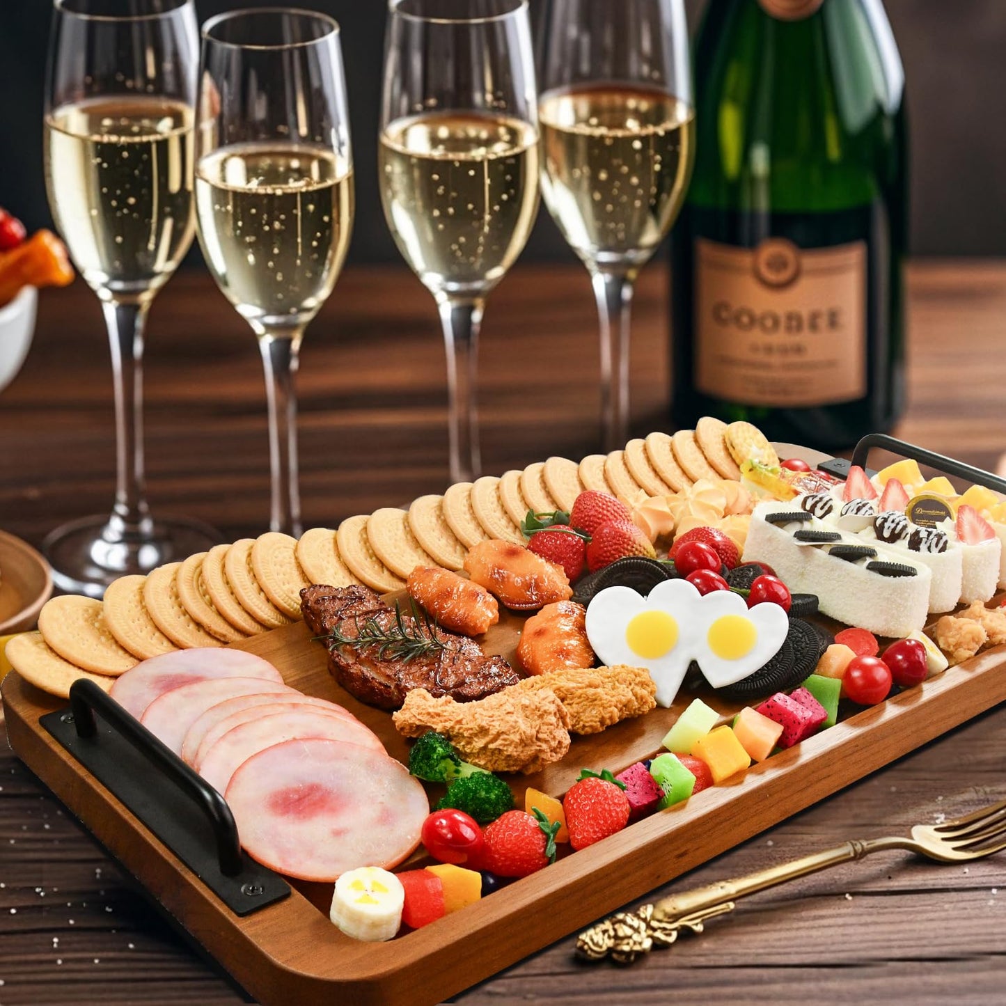 Large Wooden Charcuterie Boards with Handles, Extra Long Wood Serving Tray Platters,Rectangular BBQ Meat Cutting Cheese Board for Party Appetizers,Home & Outdoor 23.6x11.8x1.1”