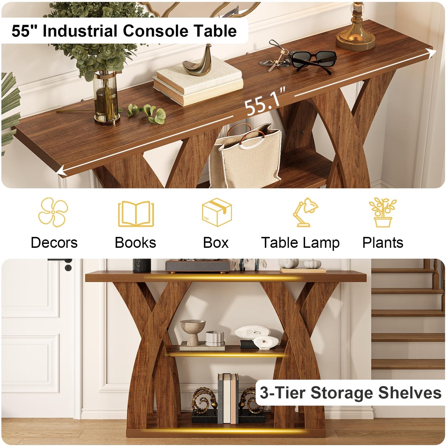 Tarnorci Console Tables, 55-Inches Walnut Console Table with Storage 3-Tier Farmhouse Narrow Entryway Table for Living Room, Hallway, Foyer(Brown)