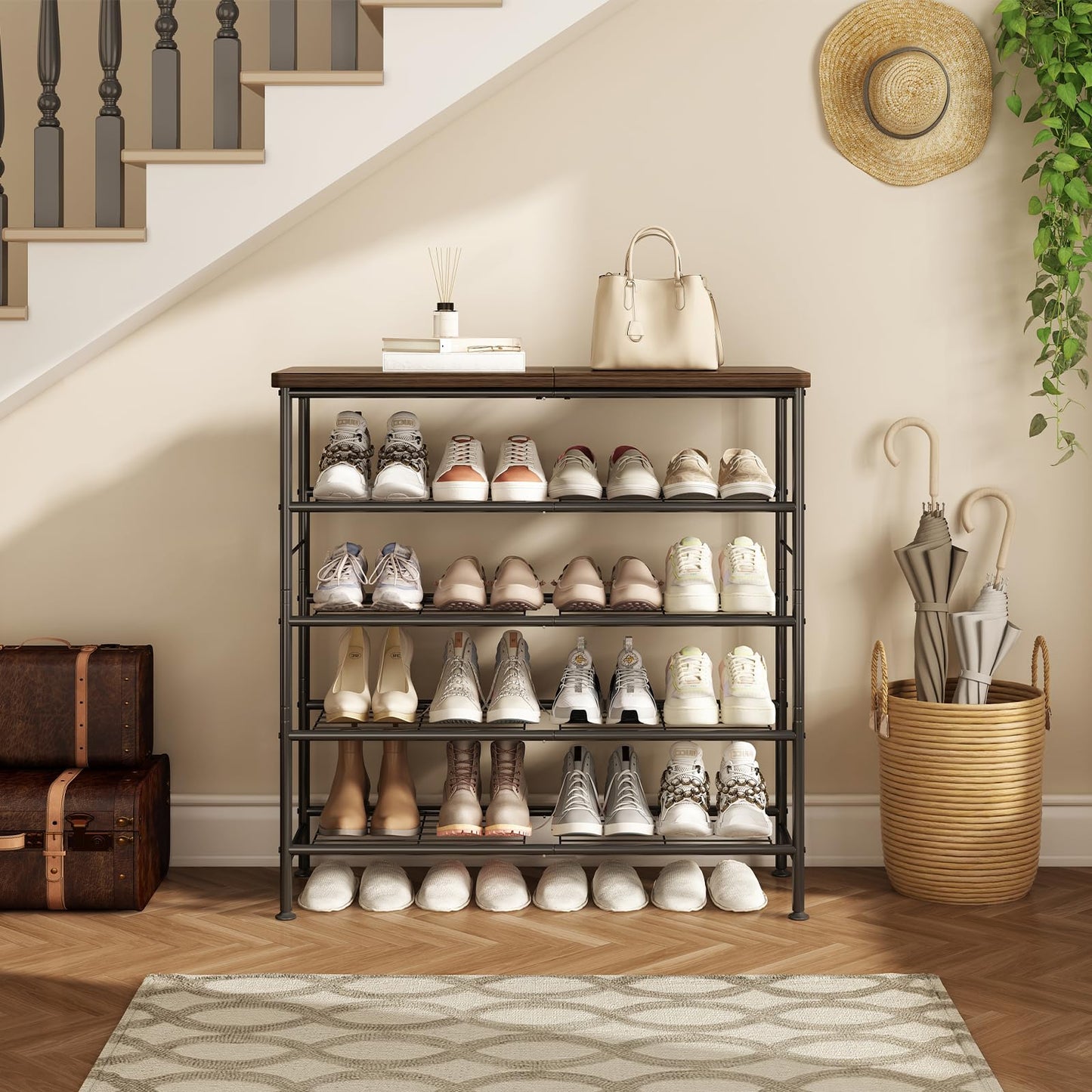 SUOERNUO Shoe Rack Organizer 5 Tier for Closet Entryway Free Standing Metal Storage Shoe Shelf with MDF Top Board，Black+Rustic Brown