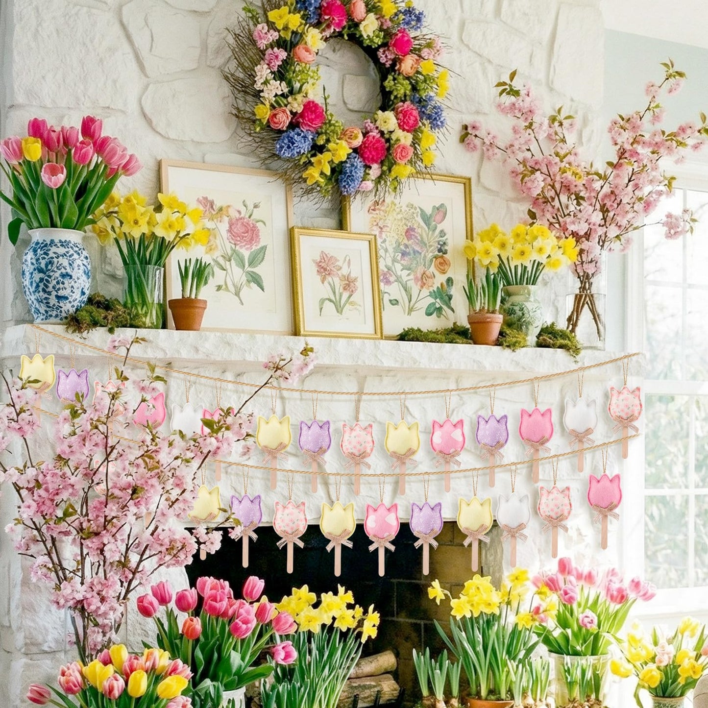 HunnmingRe 18 Pcs Spring Tree Ornaments Felt Tulip Flowers Hanging Spring Ornaments Flower Tree Decorations for Summer Party Home Door Wall Mantel Arts Crafts Gifts