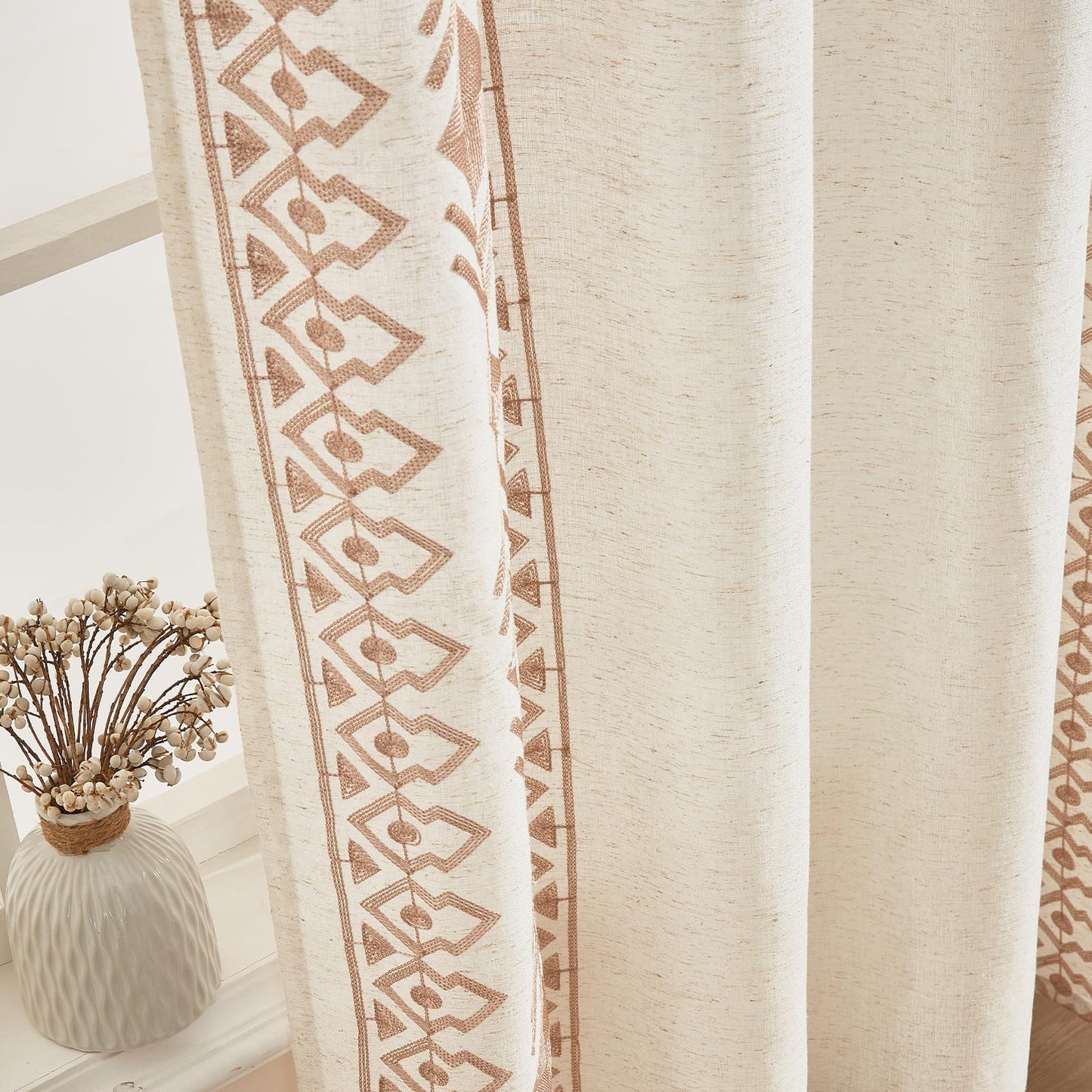 LOHUT Beige Boho Curtains 2 Panels for Bedroom 84 Inches Long Linen Embroidered Drapes for Living Room Farmhouse Geometric Light Filtering Grommet Window Treatment 55x84 Inch, Taupe On Beige