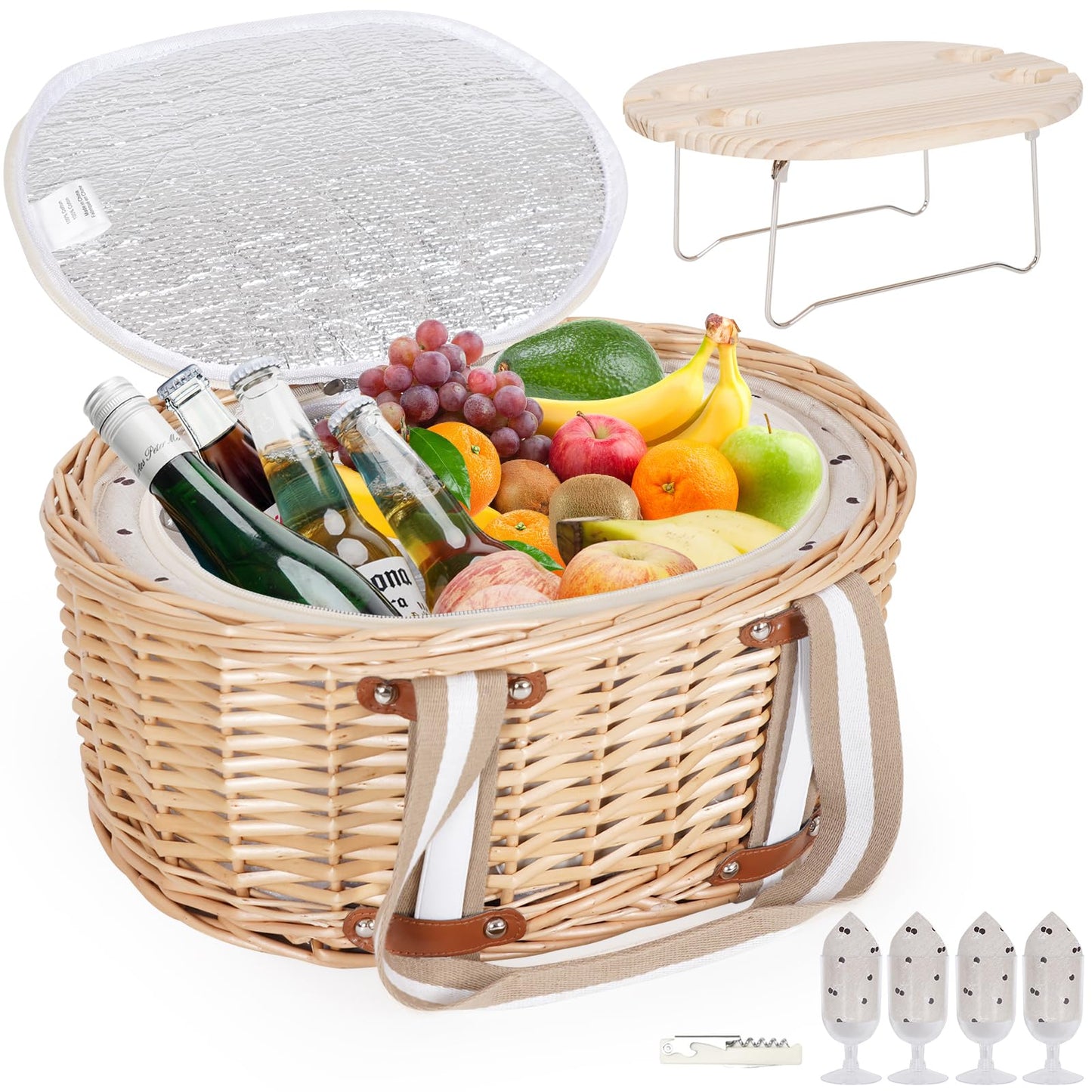 Zettfuly Picnic Basket Set for 4 - Wicker Insulated Picnic Basket with Folding Wine Table, Wine Picnic Kit with Liner for Couples, Camping, Outdoor, Valentine (Cherry)