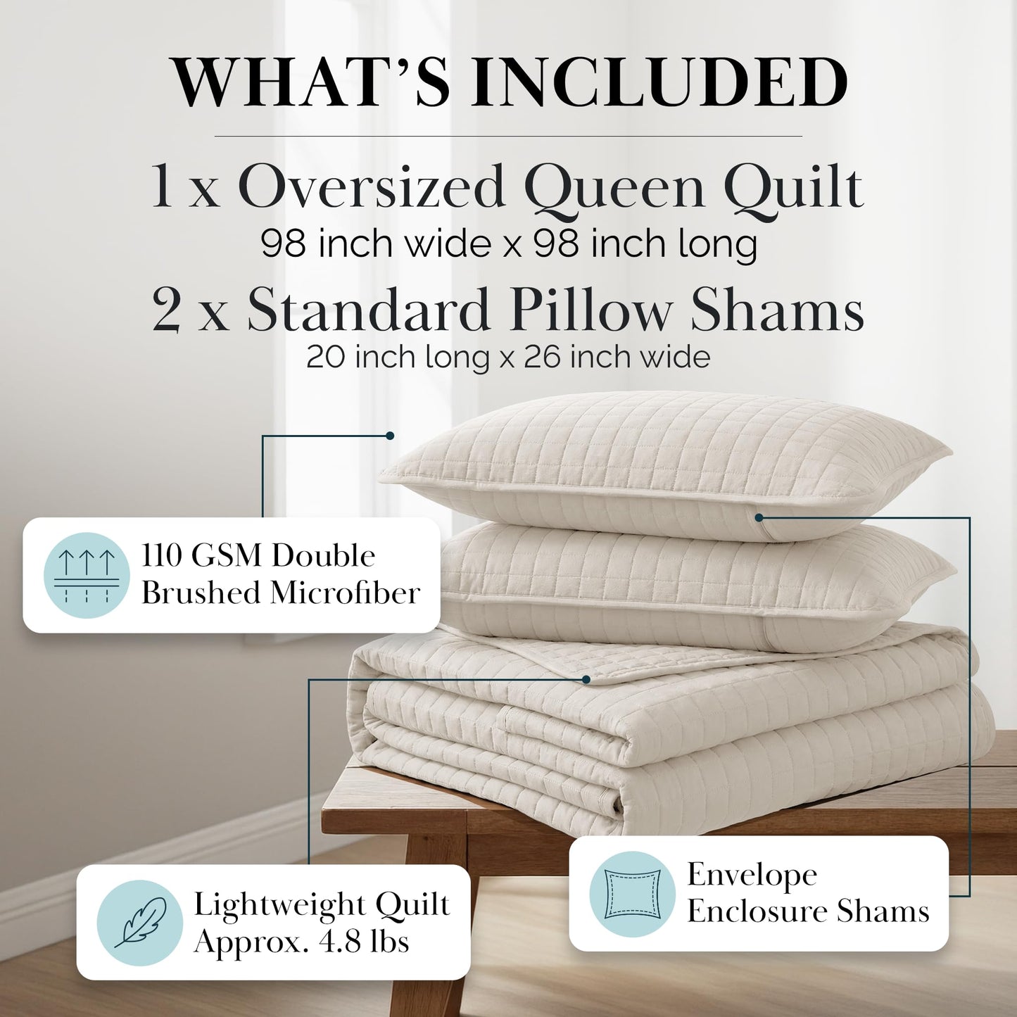 Southshore Fine Living, Inc. Full/Queen Quilt Bedding Set, Microfiber Quilts Queen Size, Coverlet, Stain & Pet Hair Resistant Bedding, Full Size Bedspread with 2 Pillow Shams, Natural Beige