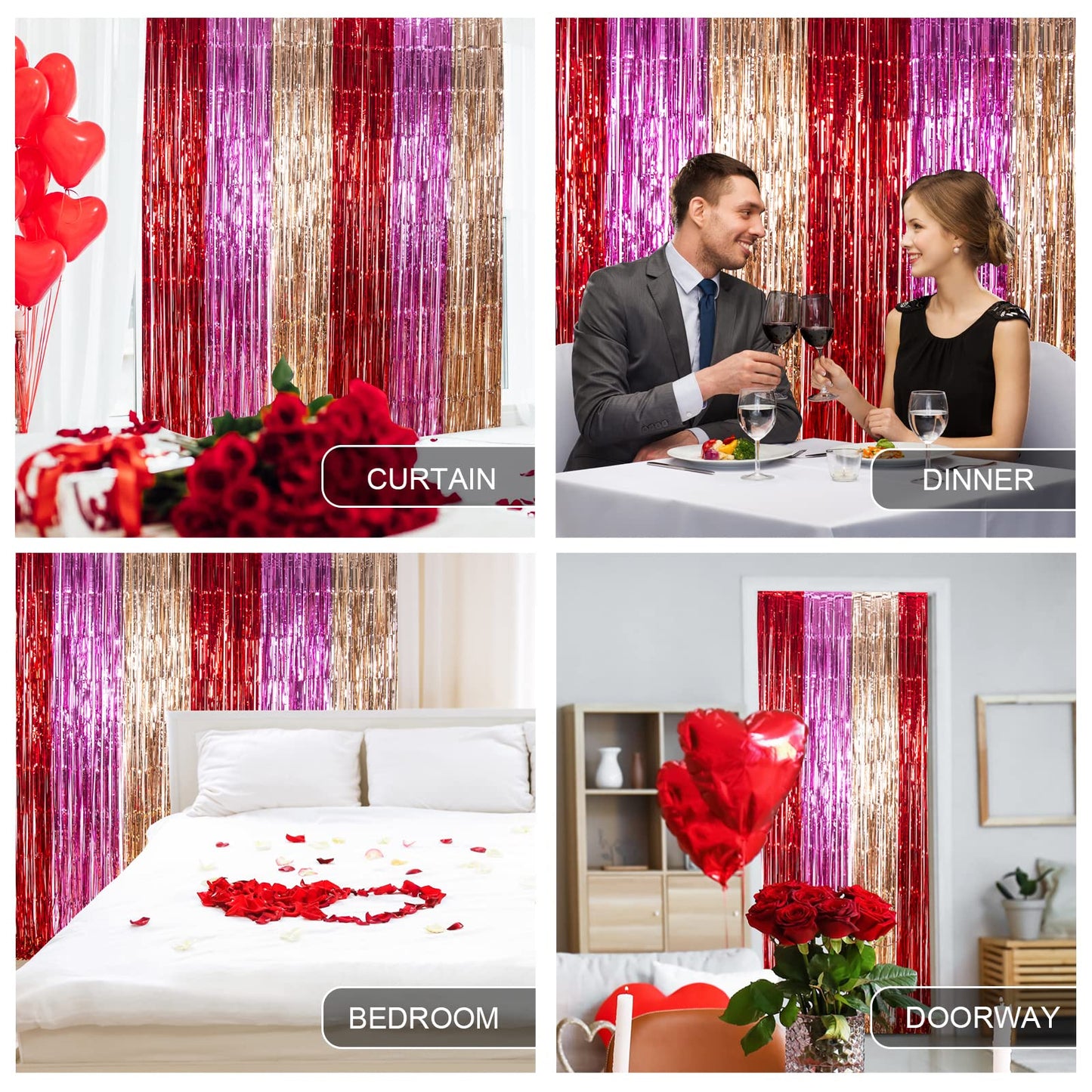 LOLStar 3 Pack Valentines Day Party Decorations 3.3X6.6 ft Photo Booth Props Red Pink Champagne Gold Valentine's Day Decors Foil Fringe Curtains Backdrop Streamers for Wedding Birthday Engagement