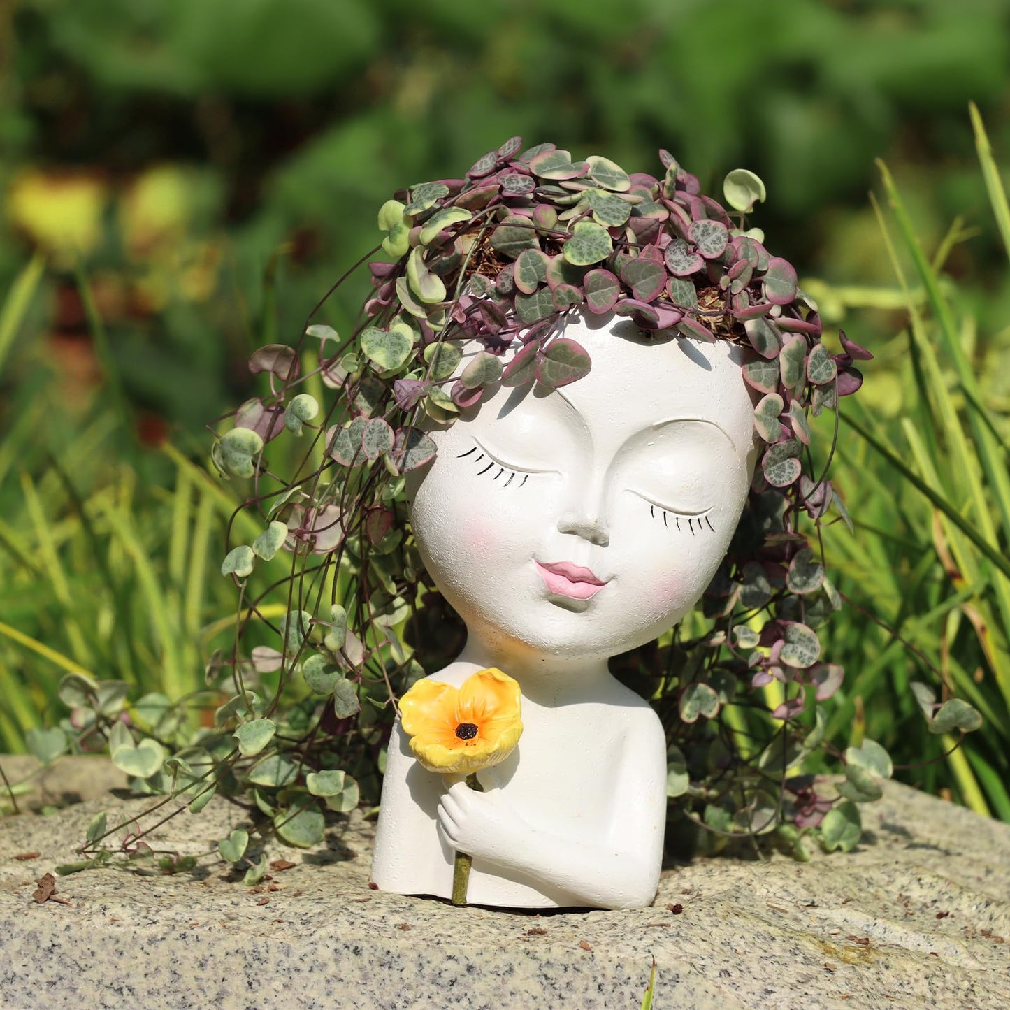 Meltset M Face Planter Pot Head Planter for Indoor Plants, Cute Girl Holding Poppy Flower Pot with Drainage Hole, Resin Succulent Cactus Planter, Unique Gardening Gifts for Women Mom Teacher (White)