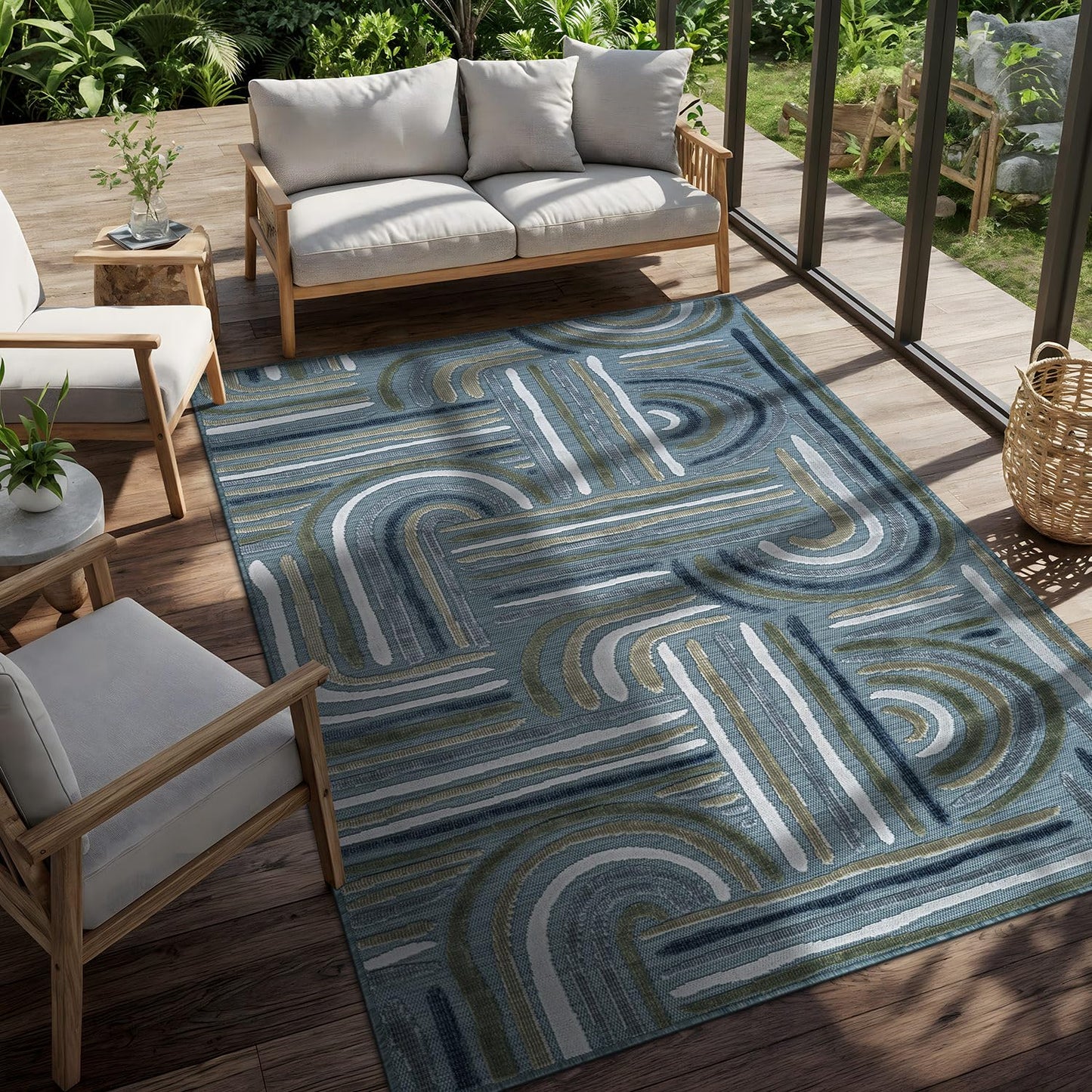 CAMILSON Indoor Outdoor Rug, Aqua 8x10 Geometric Arch Striped Area Rugs for Patio and Home Areas, Easy-Cleaning Non-Shedding Living Room, Garden and Deck Washable Outside Carpet (8 x 10)