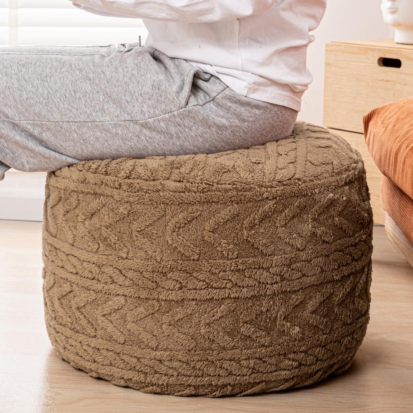 Beawelkomjo Boucle Pouf Ottoman and Foot Rest 20 x 20 x 14 Inches Floor Pouf Boho Foot Stool Home Decor for Couch Sofa Bean Bag Chairs Light Coffee