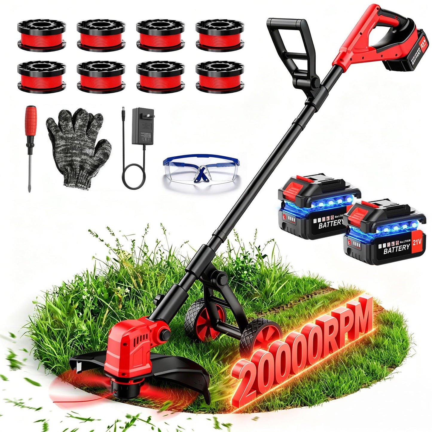 14" Weed Wacker 21V Cordless String Trimmer & Edger, Battery Powered Grass Trimmer with Auto Line Feed, 8 Replacement Spools & 2×3.0Ah Batteries Included