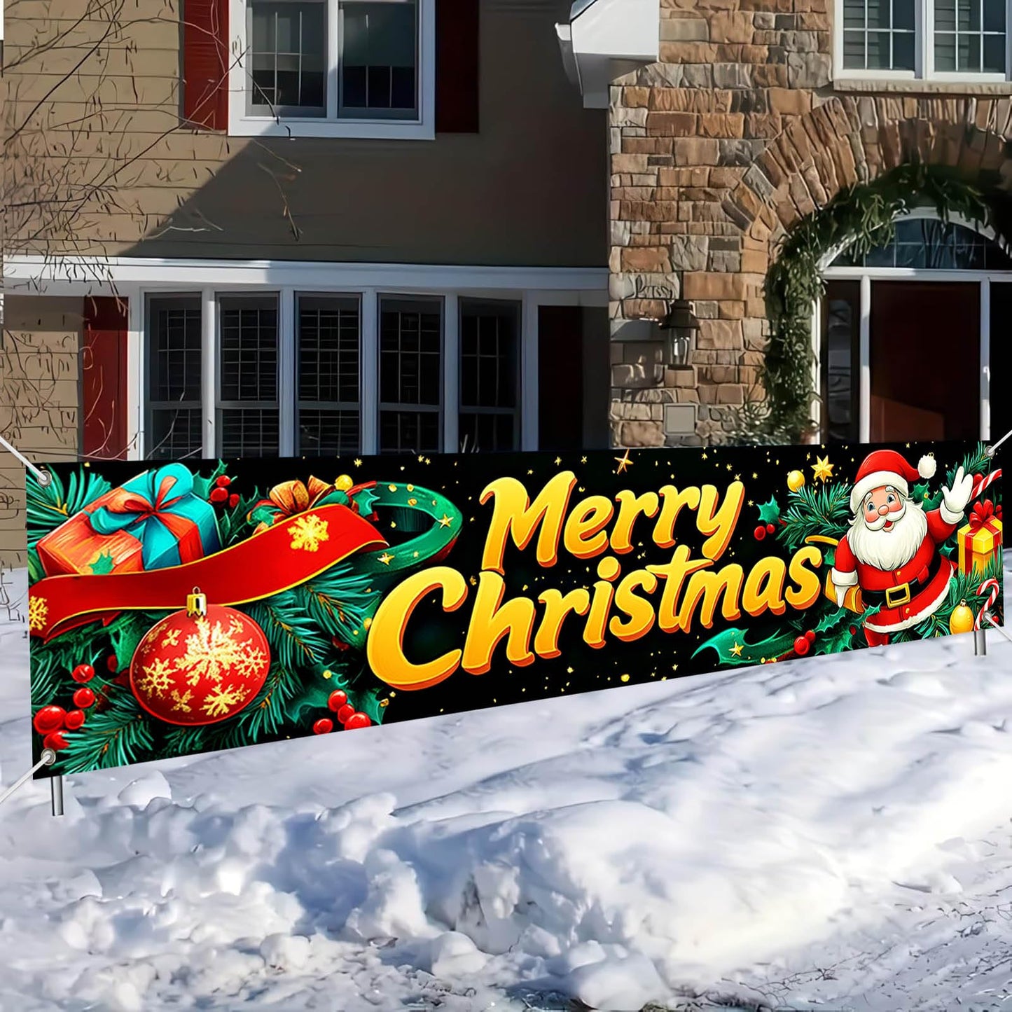 BlissYard Merry Christmas Banner Santa Gift Ribbon Decor Backdrop 78x17 Inches Festive Holiday Party Wall Decor Outdoor Indoor Welcome Banner Wall Hanging for Party Decoration Supplies