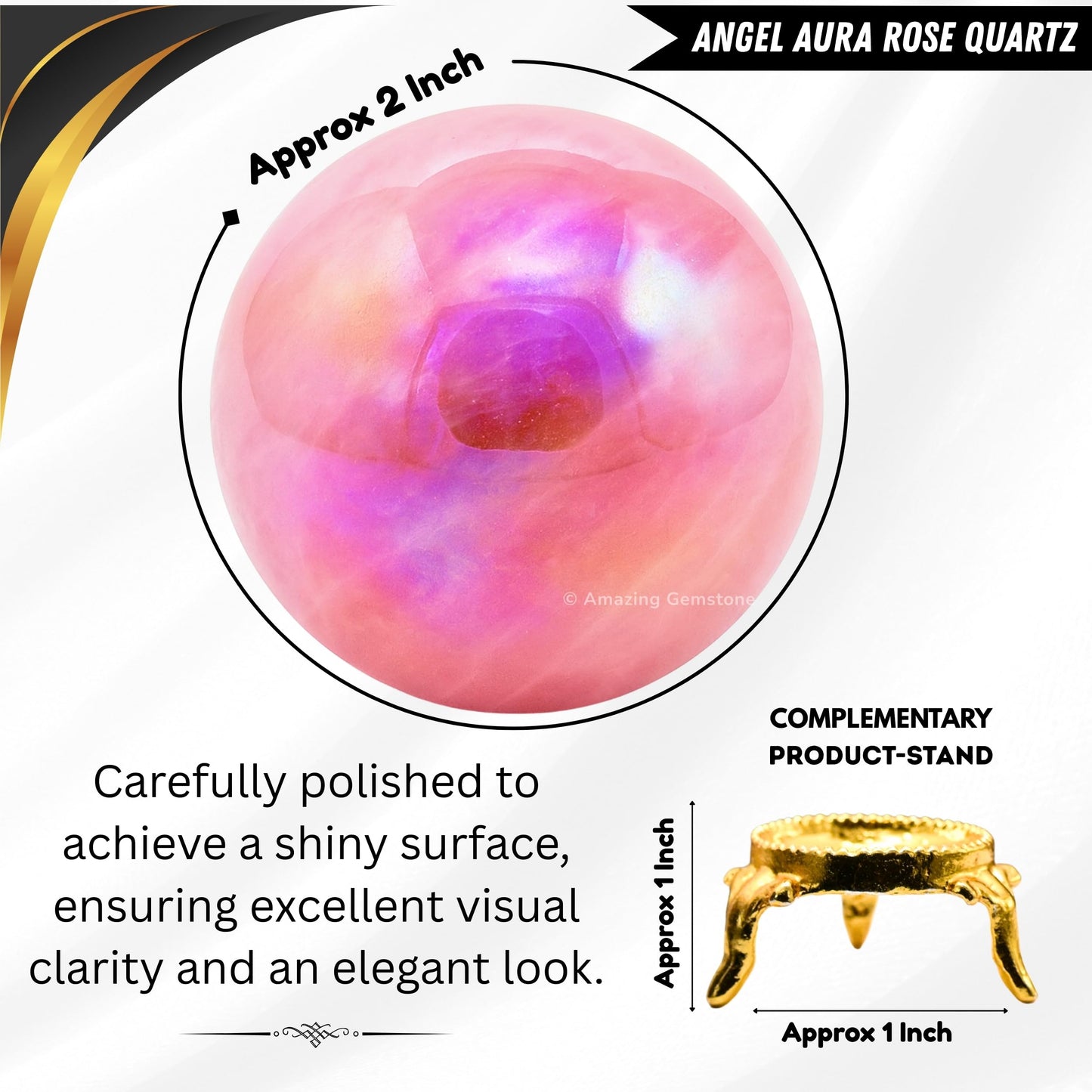Amazing Gemstone Angel Aura Rose Quartz Crystal Ball with Stand - 2" Inches Crystal Sphere Meditation Balls for Witchcraft and Decorative Balls
