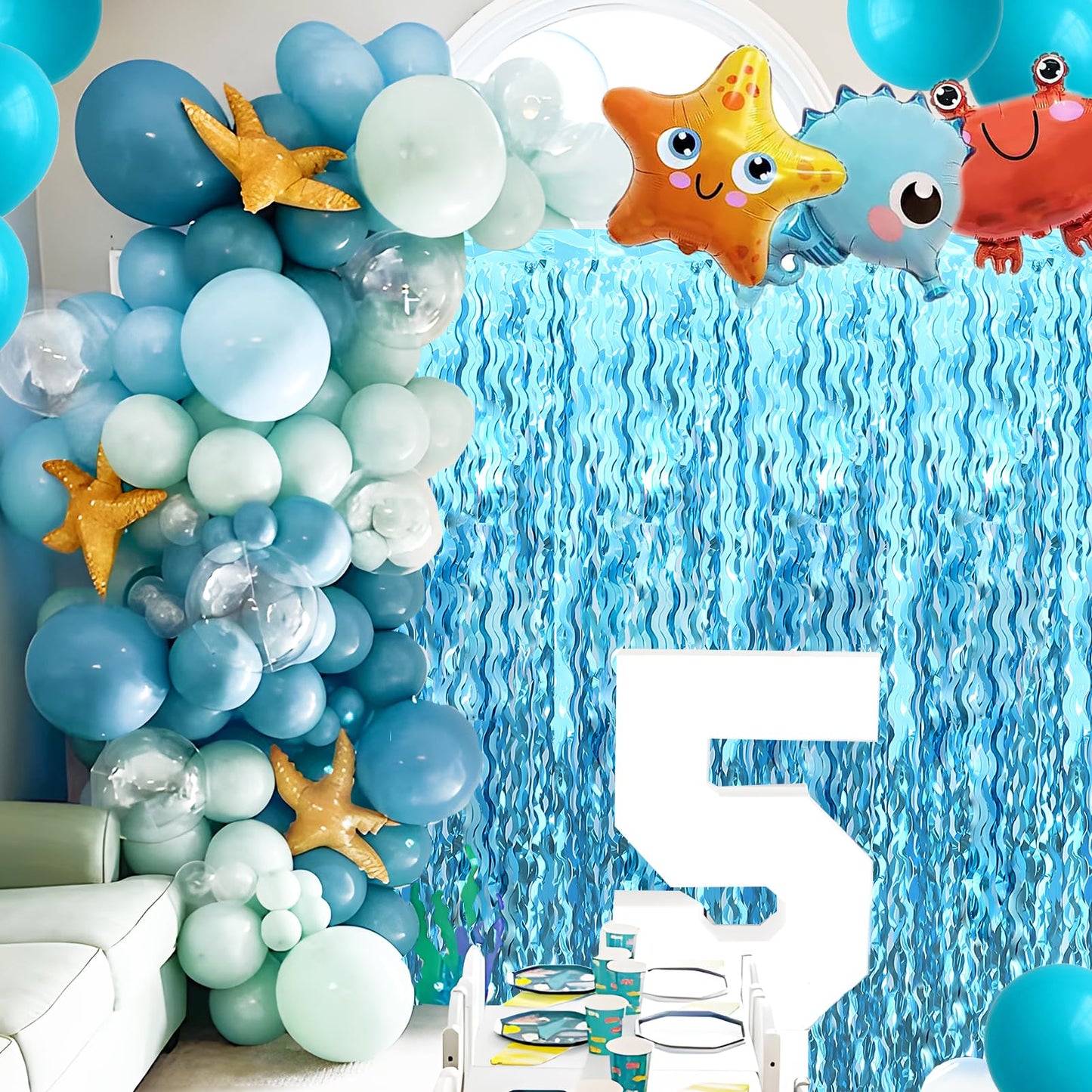 Wavy Tinsel Foil Fringe Curtains Teal Blue Streamers Backdrop for Ocean Themed Party Blue Birthday Under The Sea Party Decorations(2 Pack,3.2 ft x 6.6 ft)
