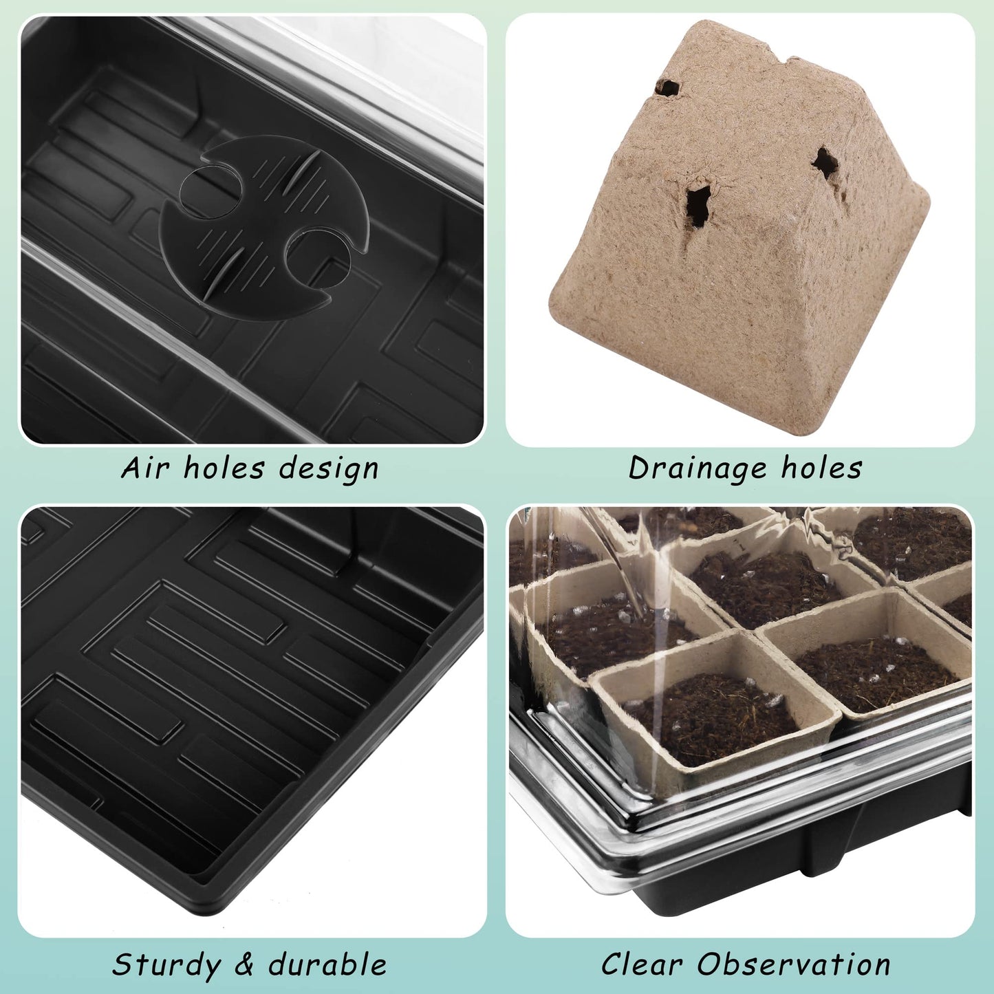 Hahood 4 Pack Seed Starter Tray Kit, 120 Square Seed Peat Pots for Seedlings with Plants Labels, Planting Tools, Plastic Growing Germination Trays with Lids for Indoor Outdoor Gardening, Black