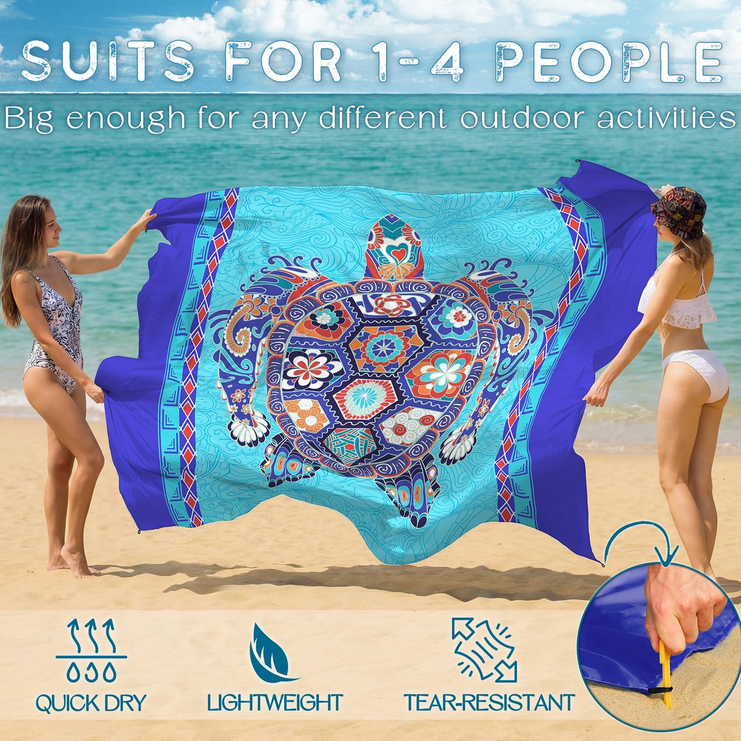 BYDOLL Beach Blanket Waterproof Sandproof Sea Turtle 78''×81'' 1-5 Adults Oversized Lightweight Large Picnic Mat Waterproof Sandproof Blanket for Beach Camping Hiking Travel
