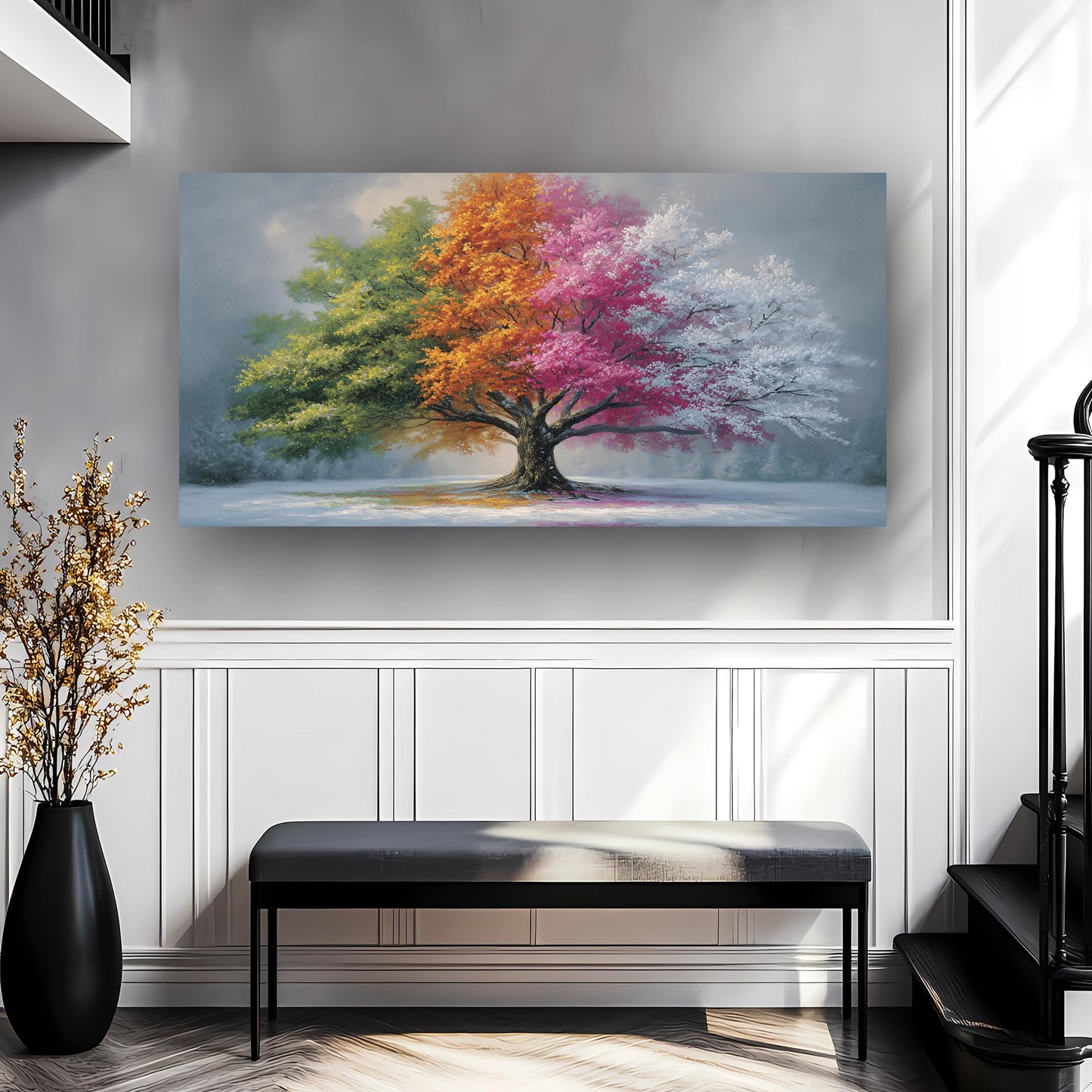 Abstract Four Seasons Tree Picture Print Canvas Wall Art Living Room Dining Room Office Study Bedroom Wall Decor Wall Art Prints Modern Style Artwork Waterproof Ready to Hang - 20x40 Inch