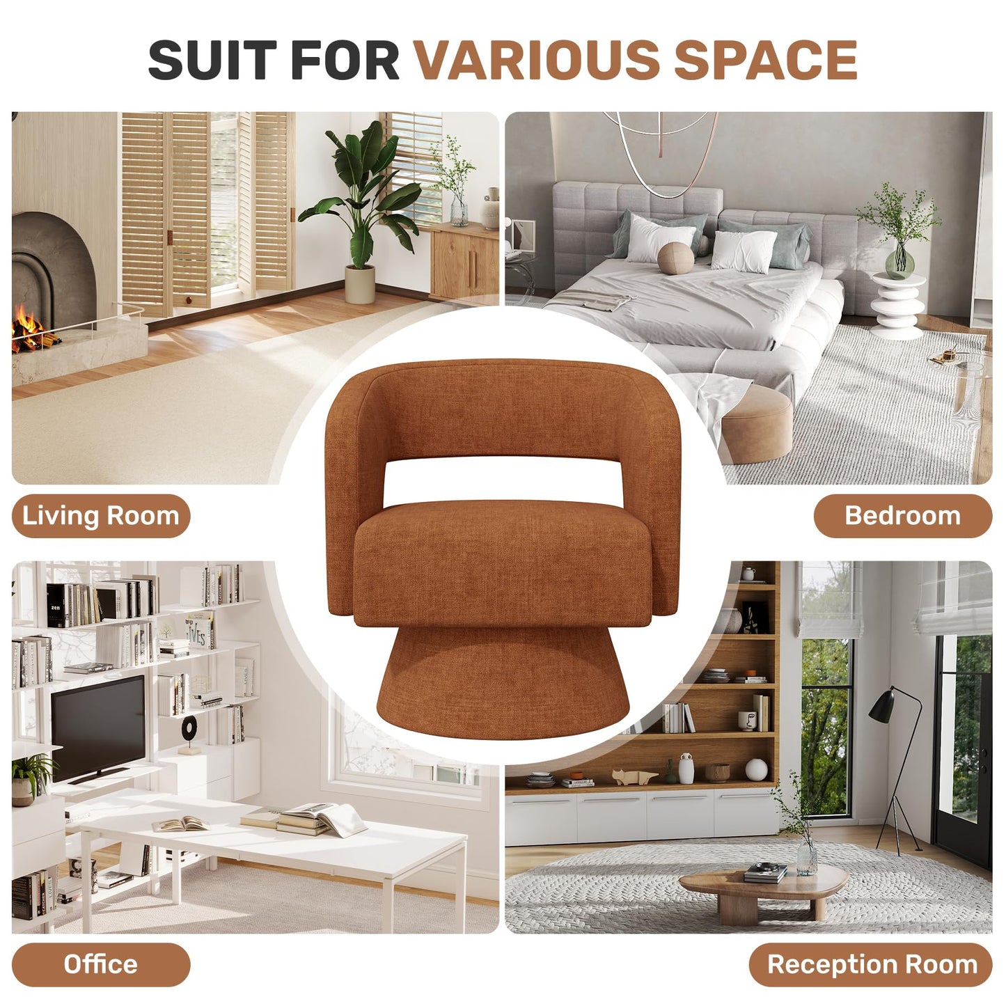 Nebuaegis Swivel Accent Chair Set of 2, Modern Comfy Chenille Barrel Chairs, Oversized Upholstered Round Arm Chair for Living Room, Bedroom, Reading Room, Caramel
