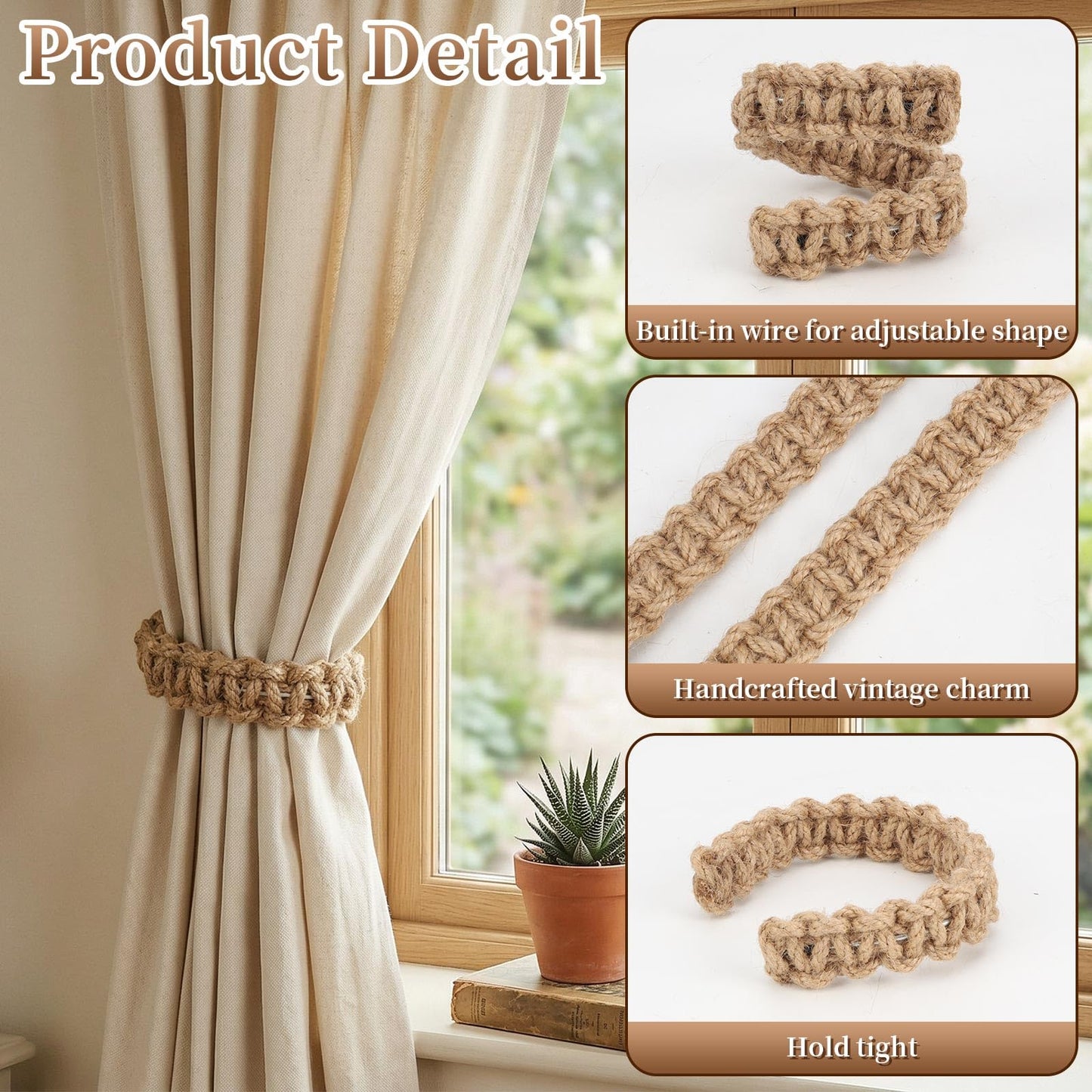 4 Pcs Braided Curtain Tiebacks Boho Flexible Rope Drapes Holder Braided Jute Curtain Tiebacks for Home Office Bedroom Window